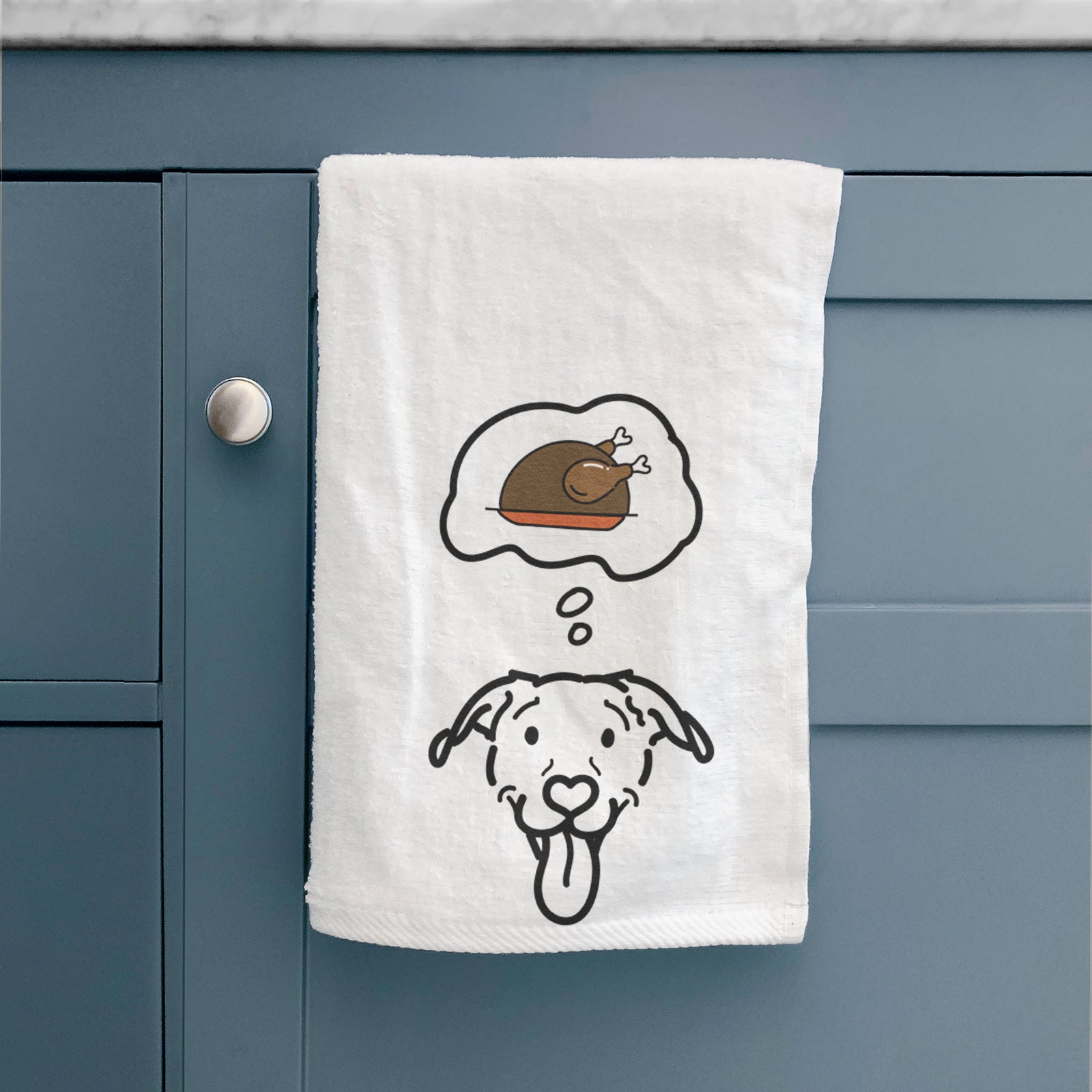 Minimalist line drawing of Hemi the Pitbull Mix with a little turkey on a decorative hand towel