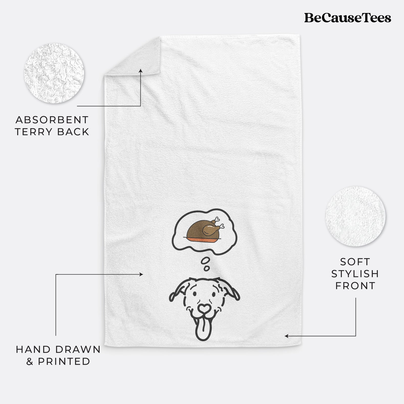 Minimalist line drawing of Hemi the Pitbull Mix with a little turkey on a decorative hand towel