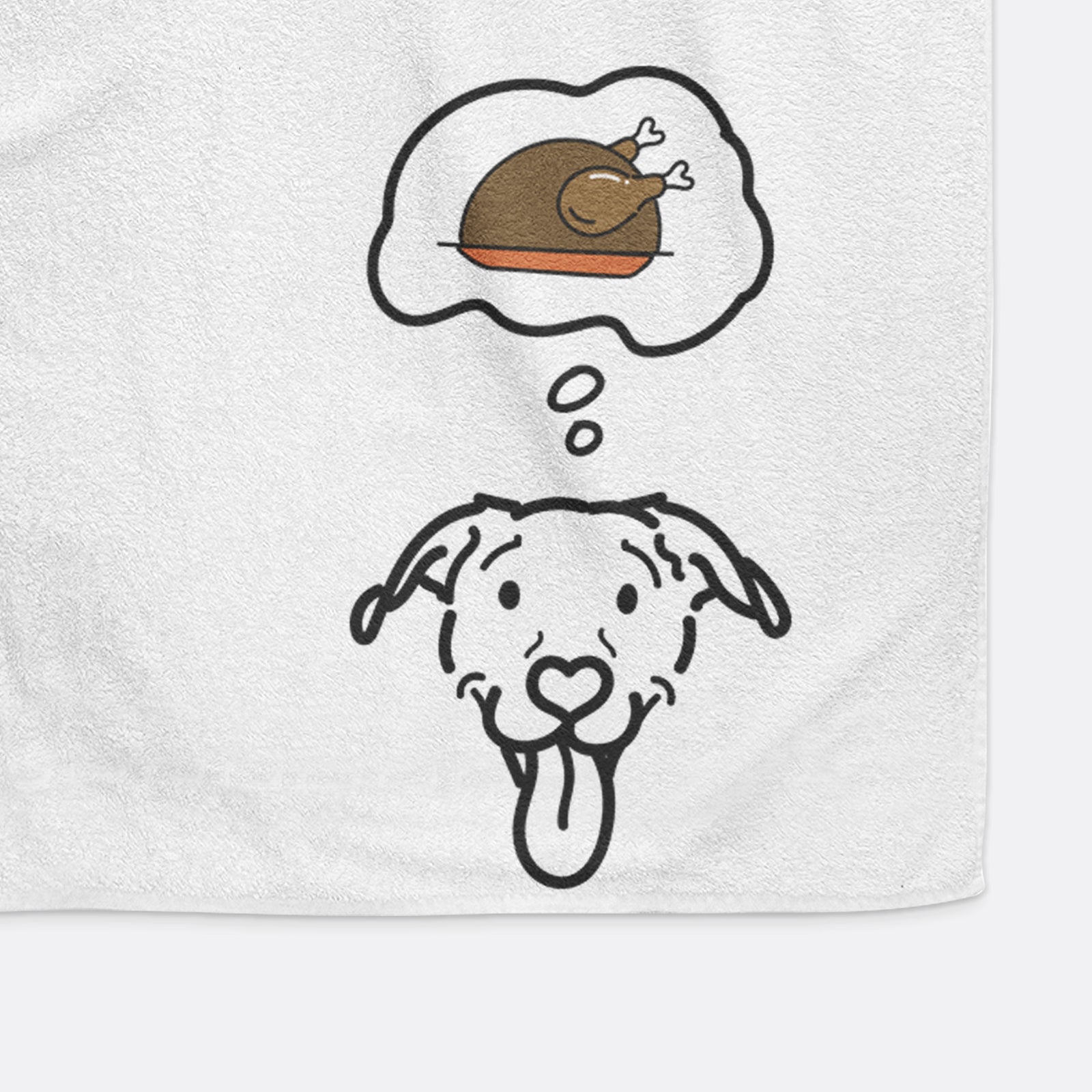 Minimalist line drawing of Hemi the Pitbull Mix with a little turkey on a decorative hand towel