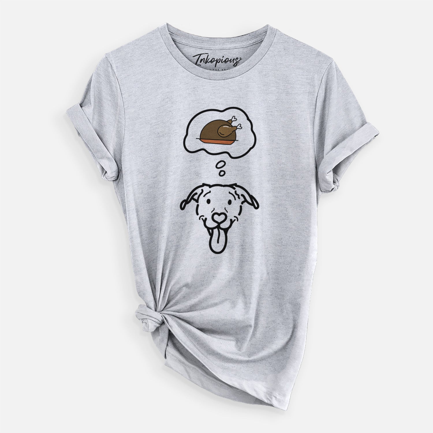 Minimalist line drawing of Hemi the Pitbull Mix with a little turkey on a Grey Unisex crewneck