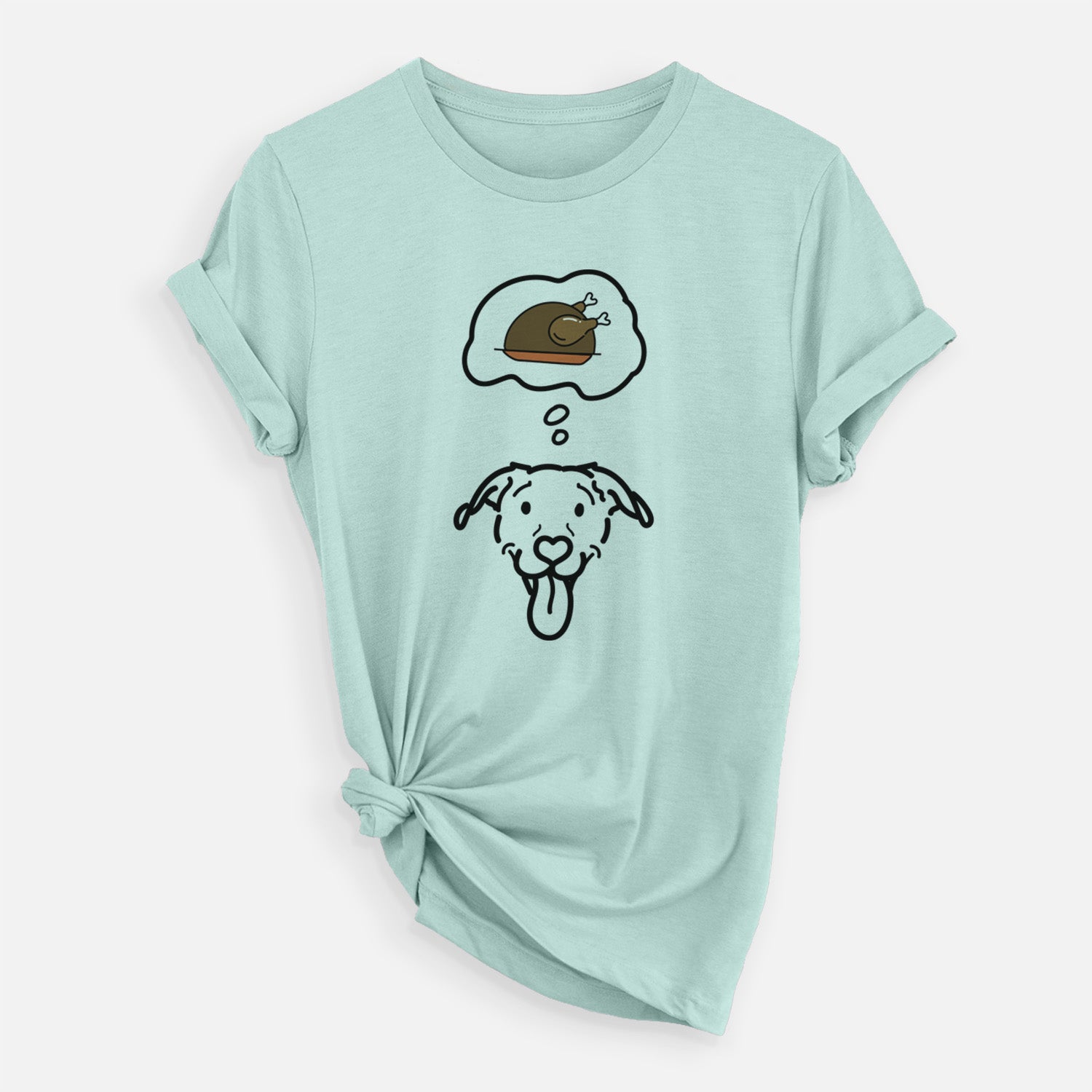 Minimalist line drawing of Hemi the Pitbull Mix with a little turkey on a Heather Sage Unisex crewneck