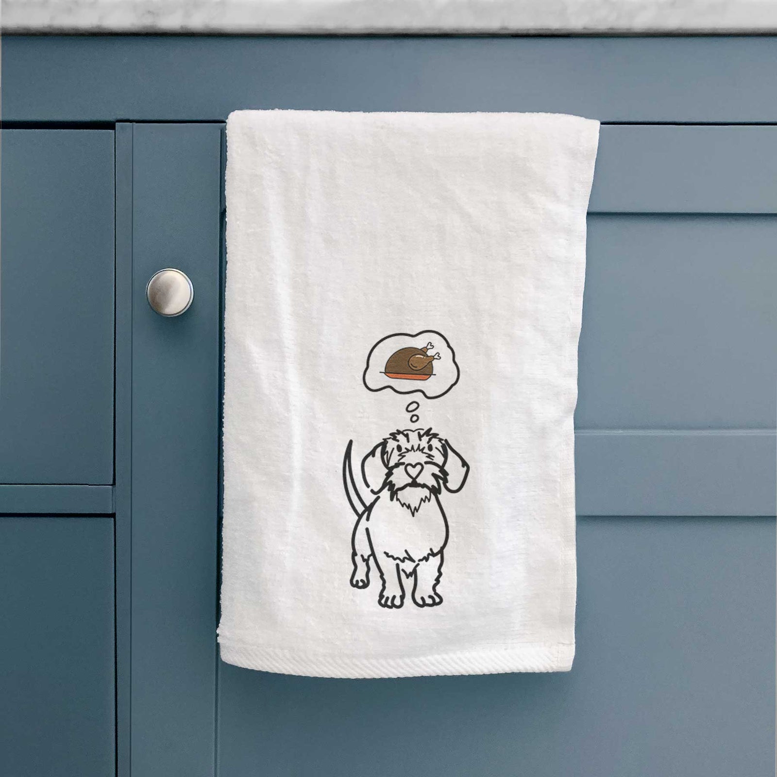 Minimalist line drawing of Henry the Wire Dachshund with a little turkey on a decorative hand towel