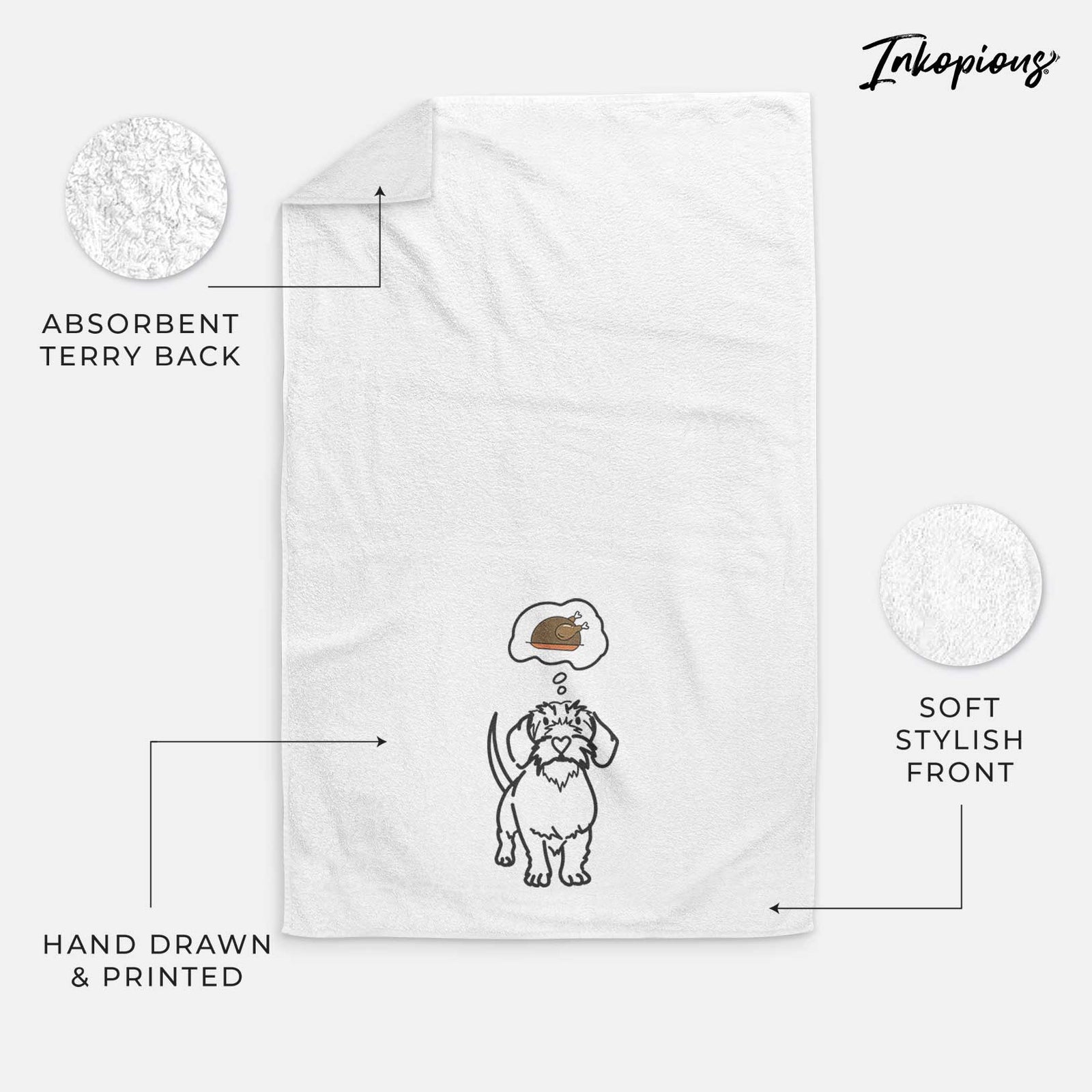 Minimalist line drawing of Henry the Wire Dachshund with a little turkey on a decorative hand towel