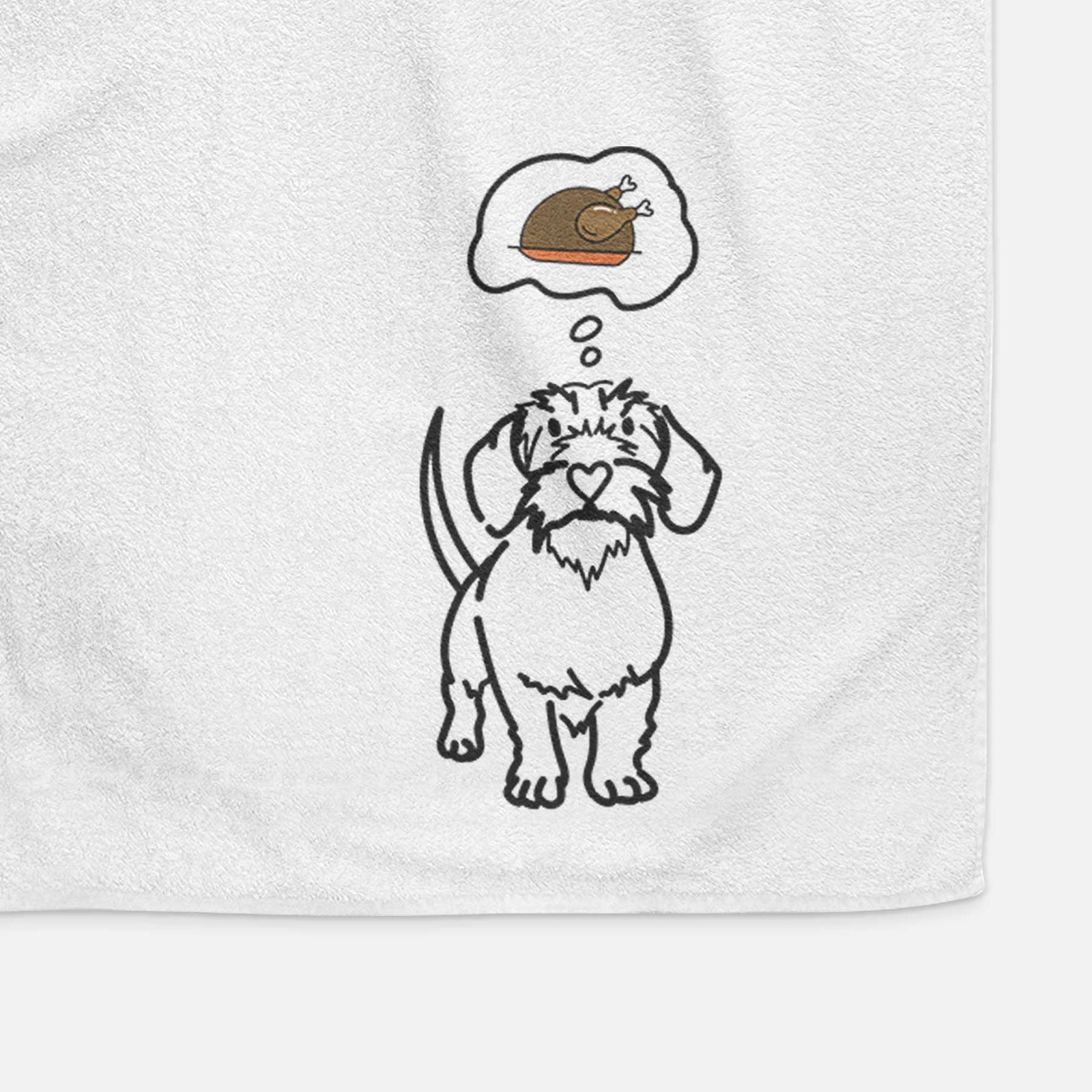 Minimalist line drawing of Henry the Wire Dachshund with a little turkey on a decorative hand towel