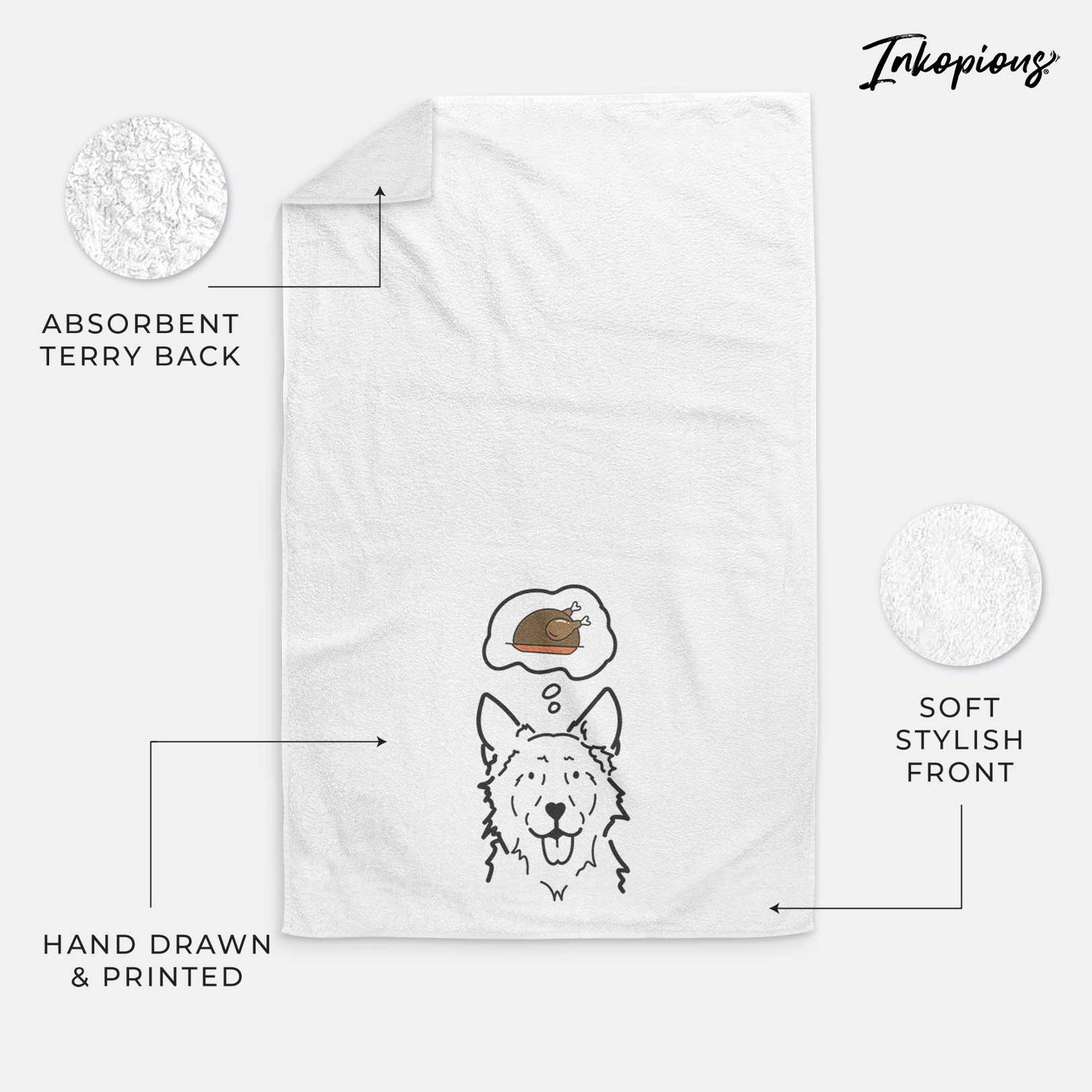 Minimalist line drawing of Jack the Mudi with a little turkey on a decorative hand towel