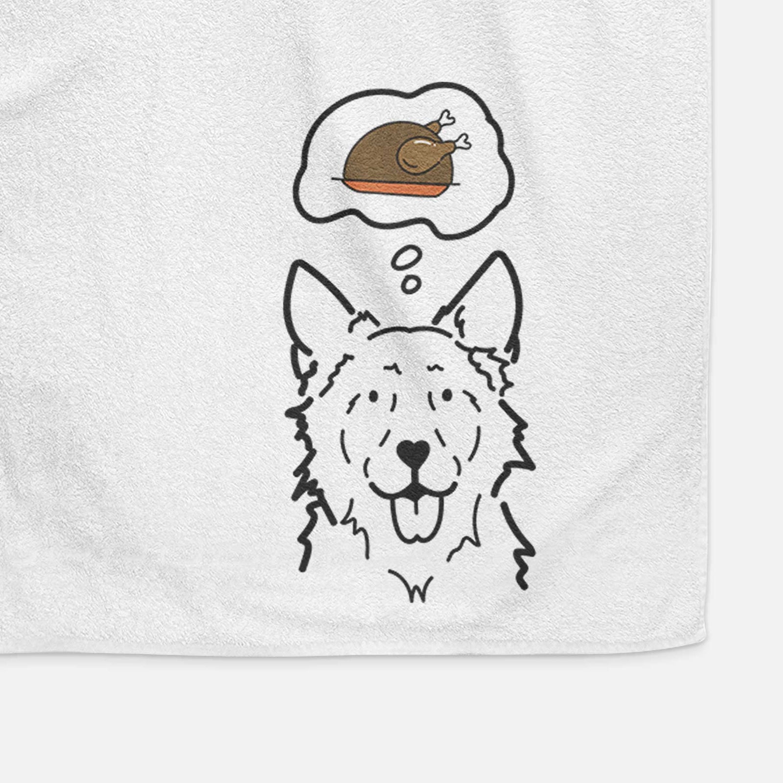 Minimalist line drawing of Jack the Mudi with a little turkey on a decorative hand towel