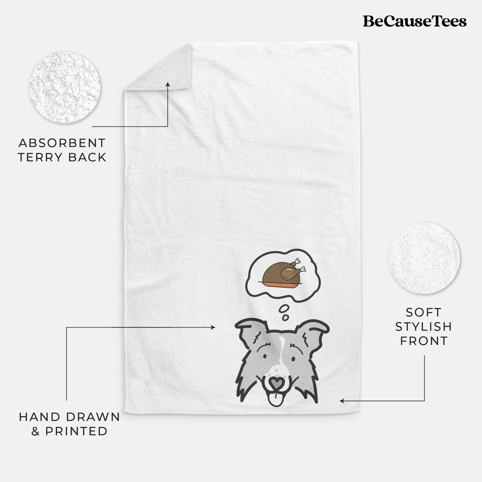 Minimalist line drawing of Jam the Border Collie 2.0 with a little turkey on a decorative hand towel