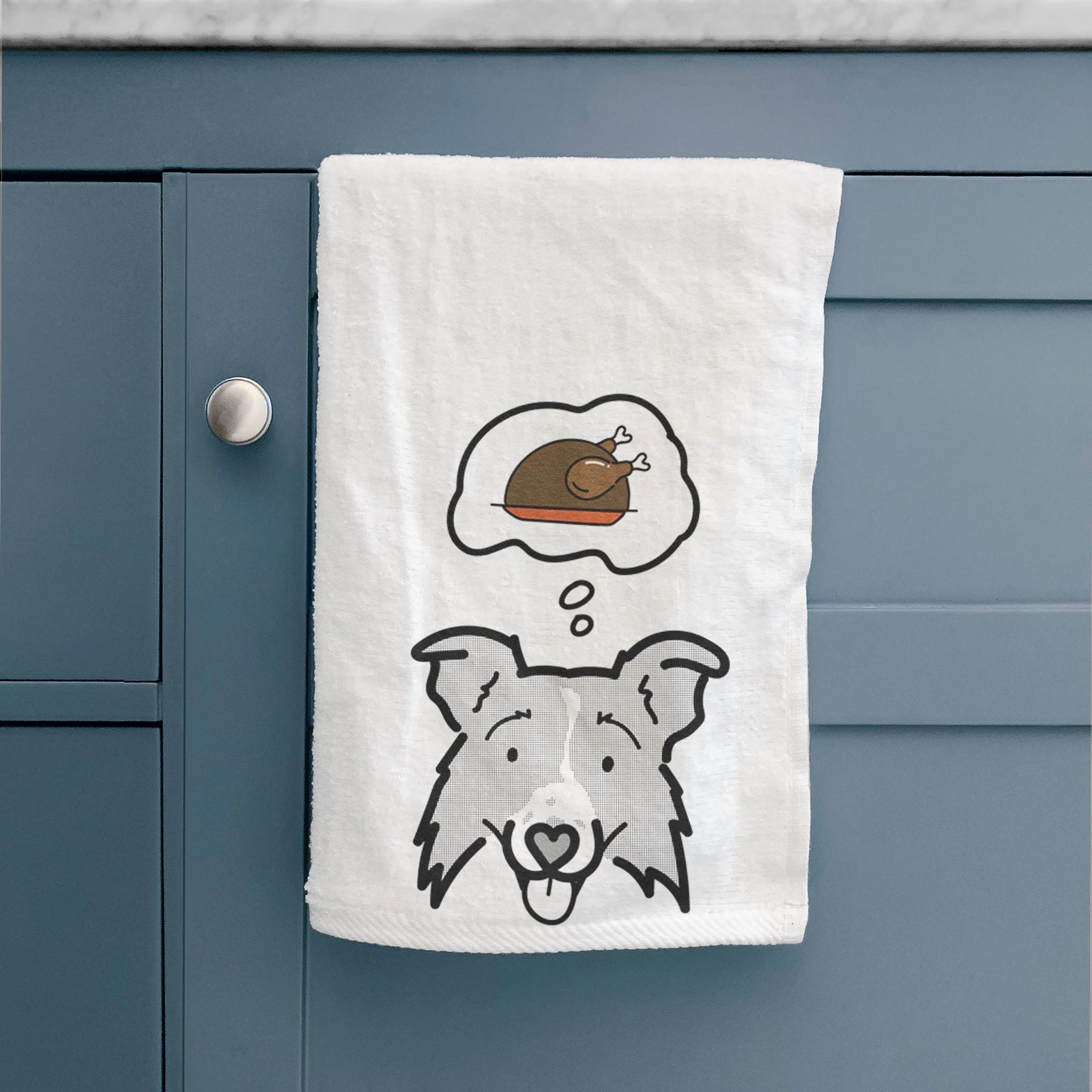 Minimalist line drawing of Jam the Border Collie 2.0 with a little turkey on a decorative hand towel