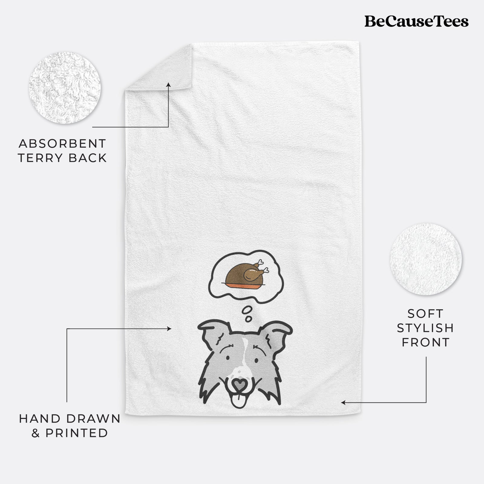 Minimalist line drawing of Jam the Border Collie 2.0 with a little turkey on a decorative hand towel