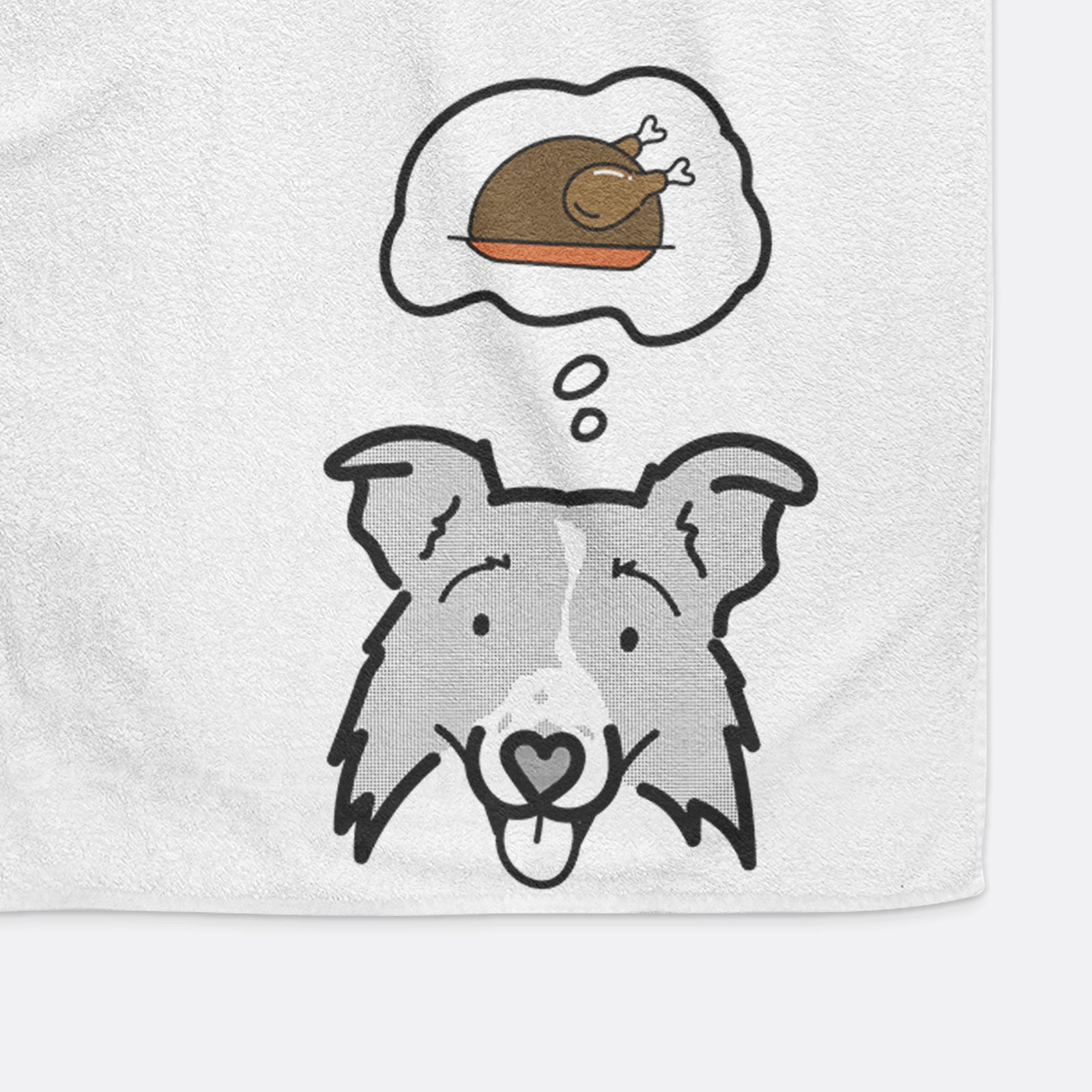 Minimalist line drawing of Jam the Border Collie 2.0 with a little turkey on a decorative hand towel