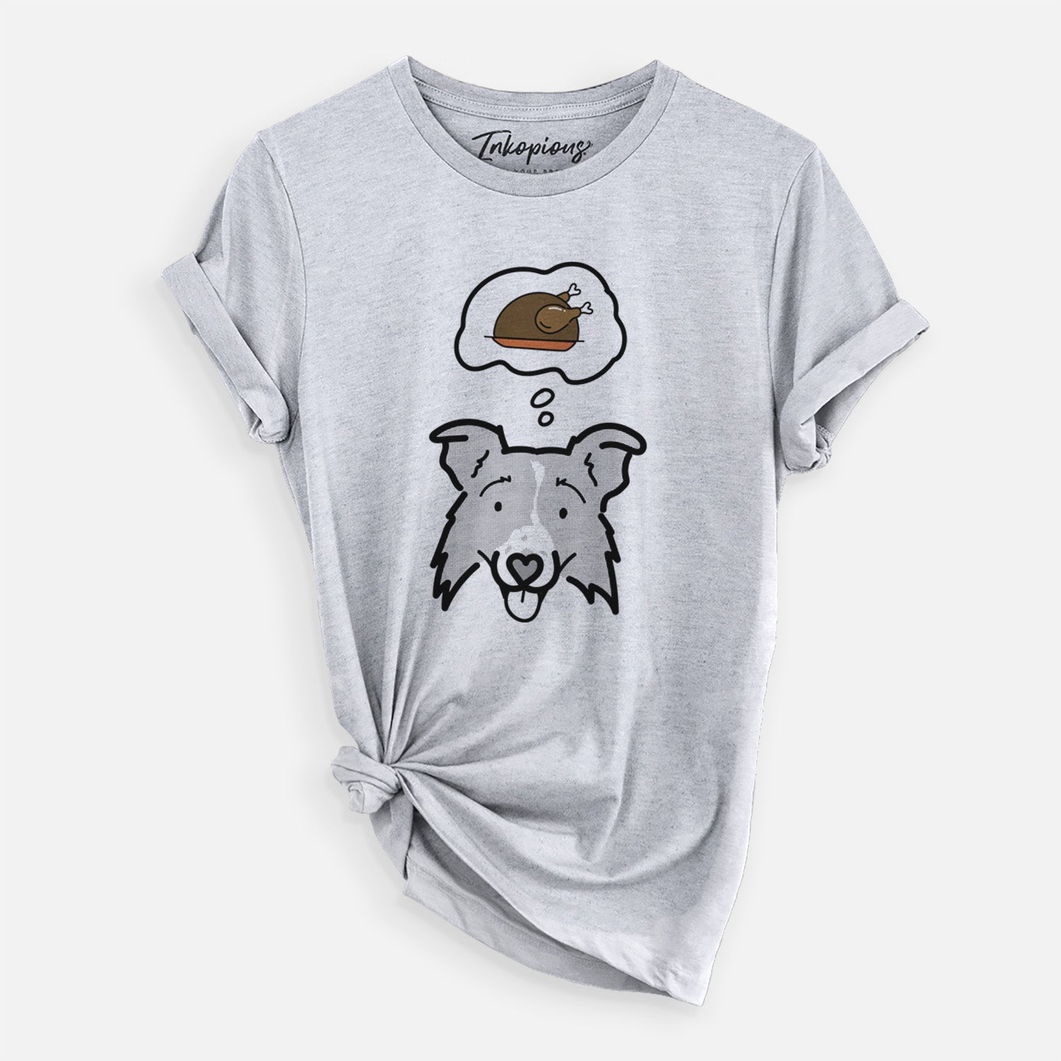 Minimalist line drawing of Jam the Border Collie 2.0 with a little turkey on a Grey Unisex crewneck