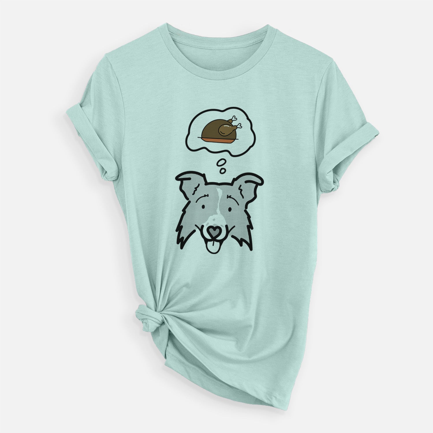 Minimalist line drawing of Jam the Border Collie 2.0 with a little turkey on a Heather Sage Unisex crewneck