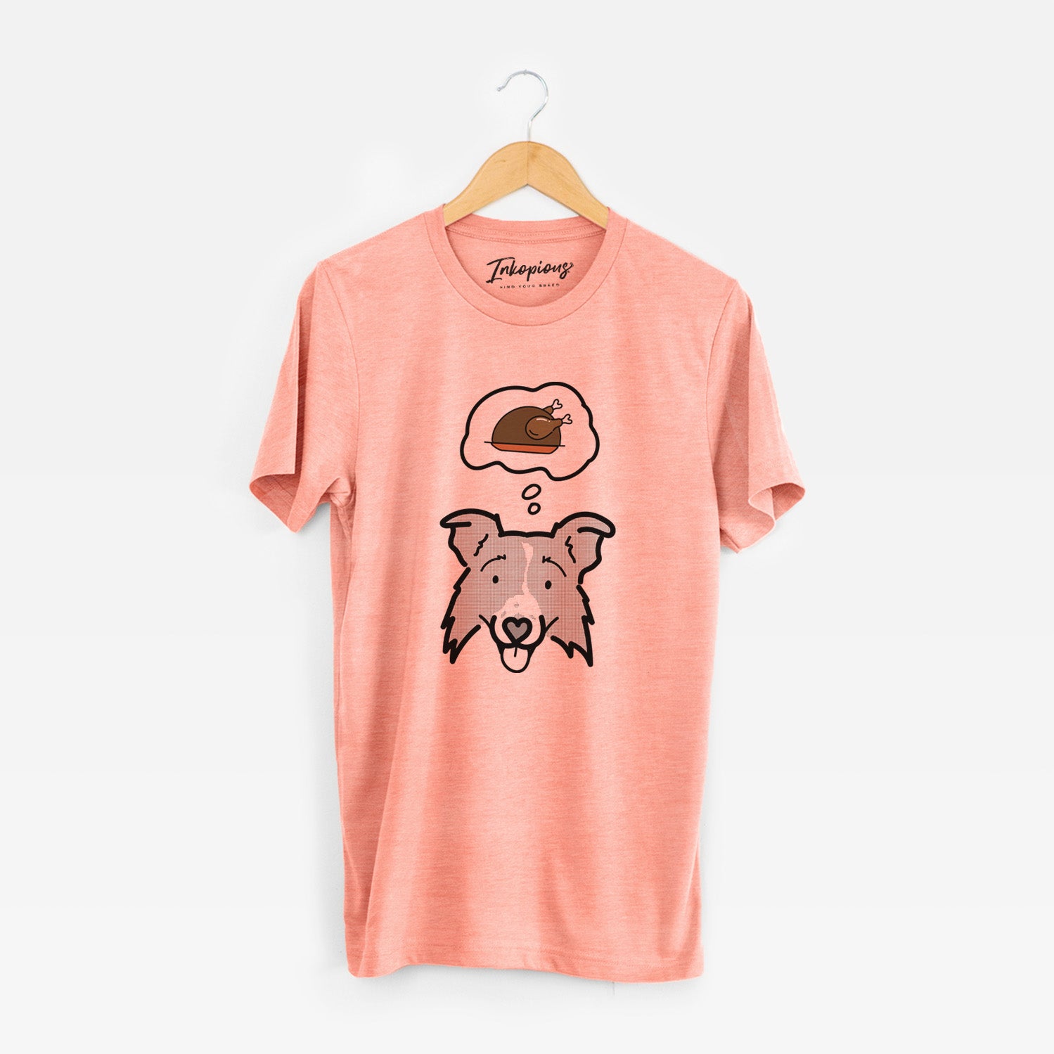 Minimalist line drawing of Jam the Border Collie 2.0 with a little turkey on a Sunset Unisex crewneck