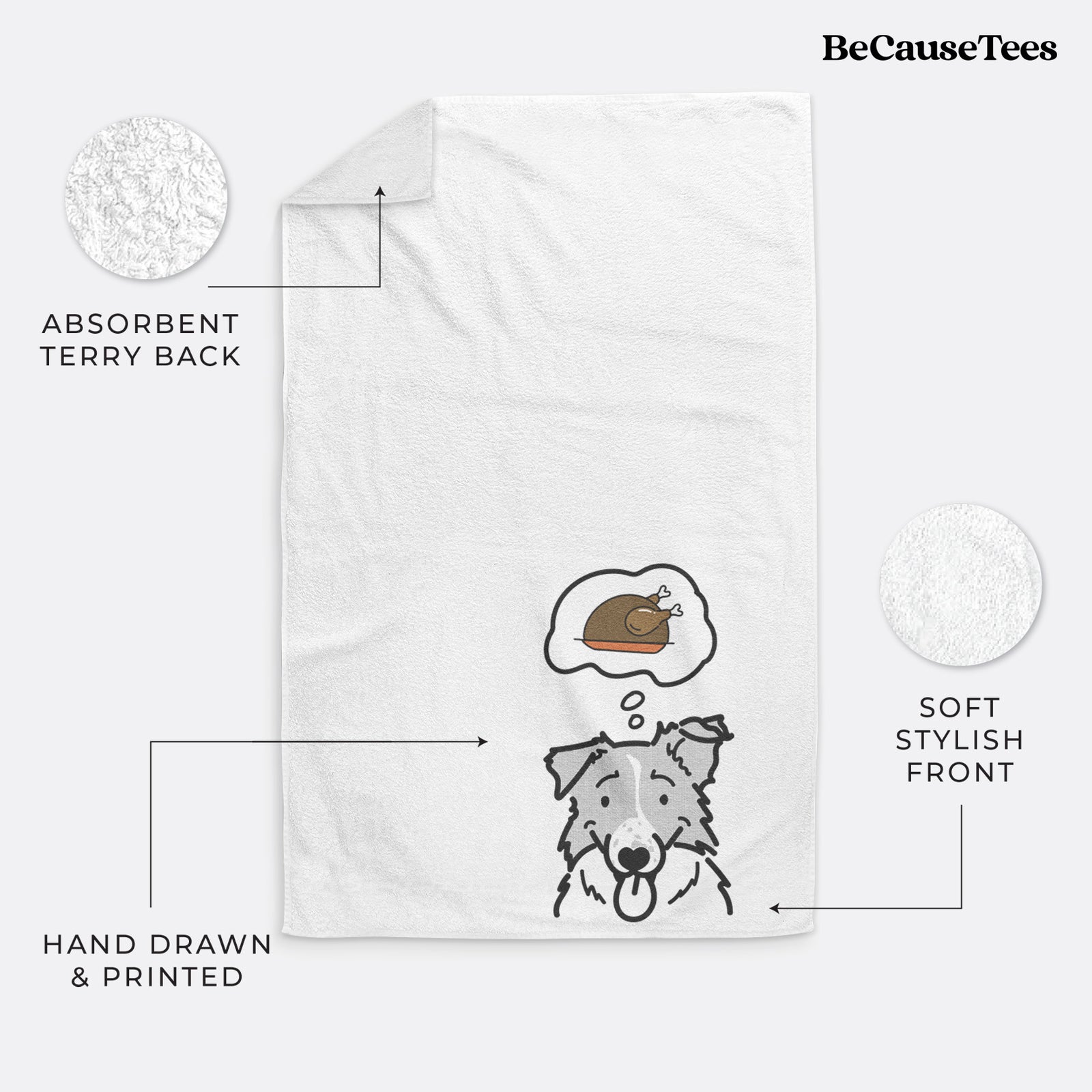 Minimalist line drawing of Jam the Border Collie with a little turkey on a decorative hand towel