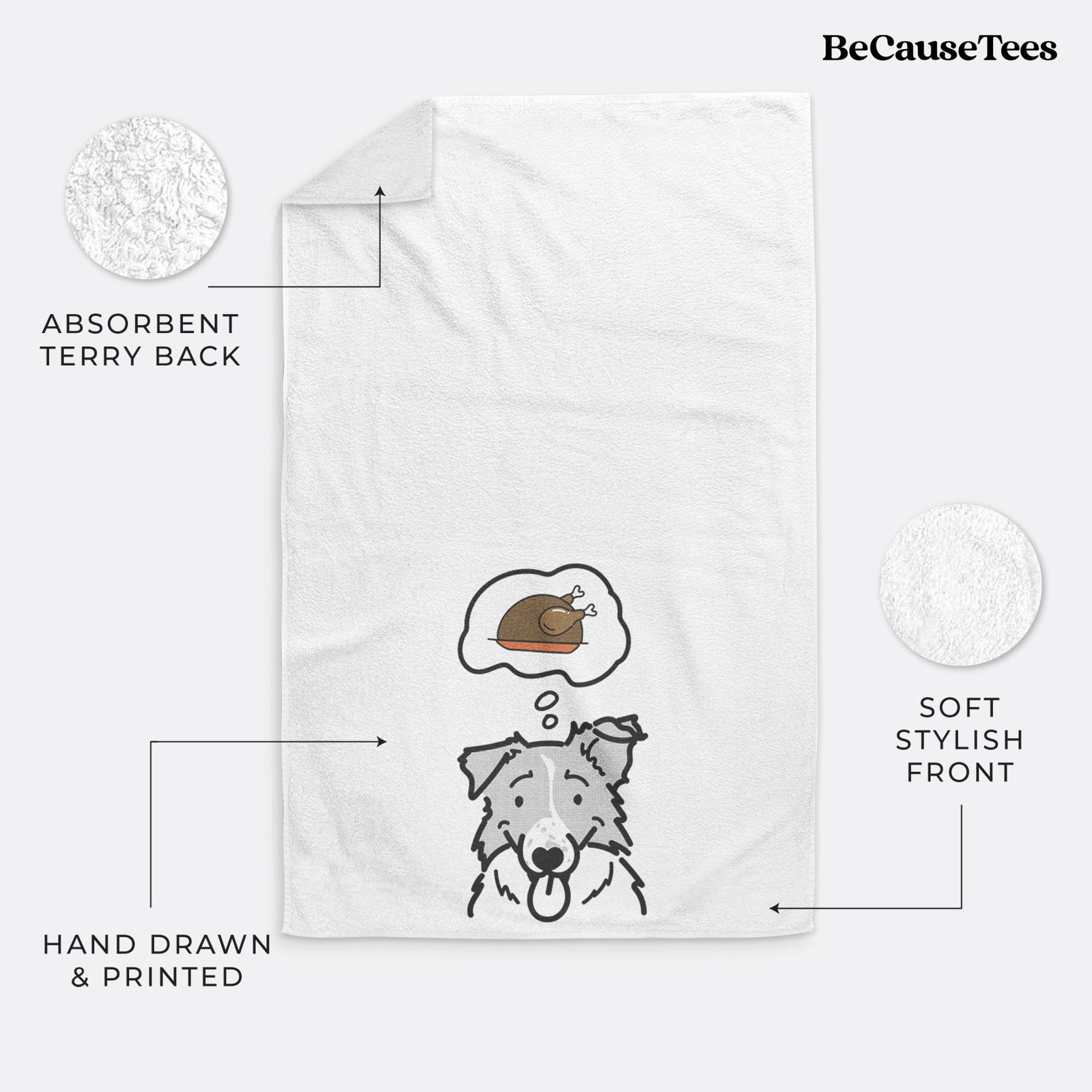 Minimalist line drawing of Jam the Border Collie with a little turkey on a decorative hand towel