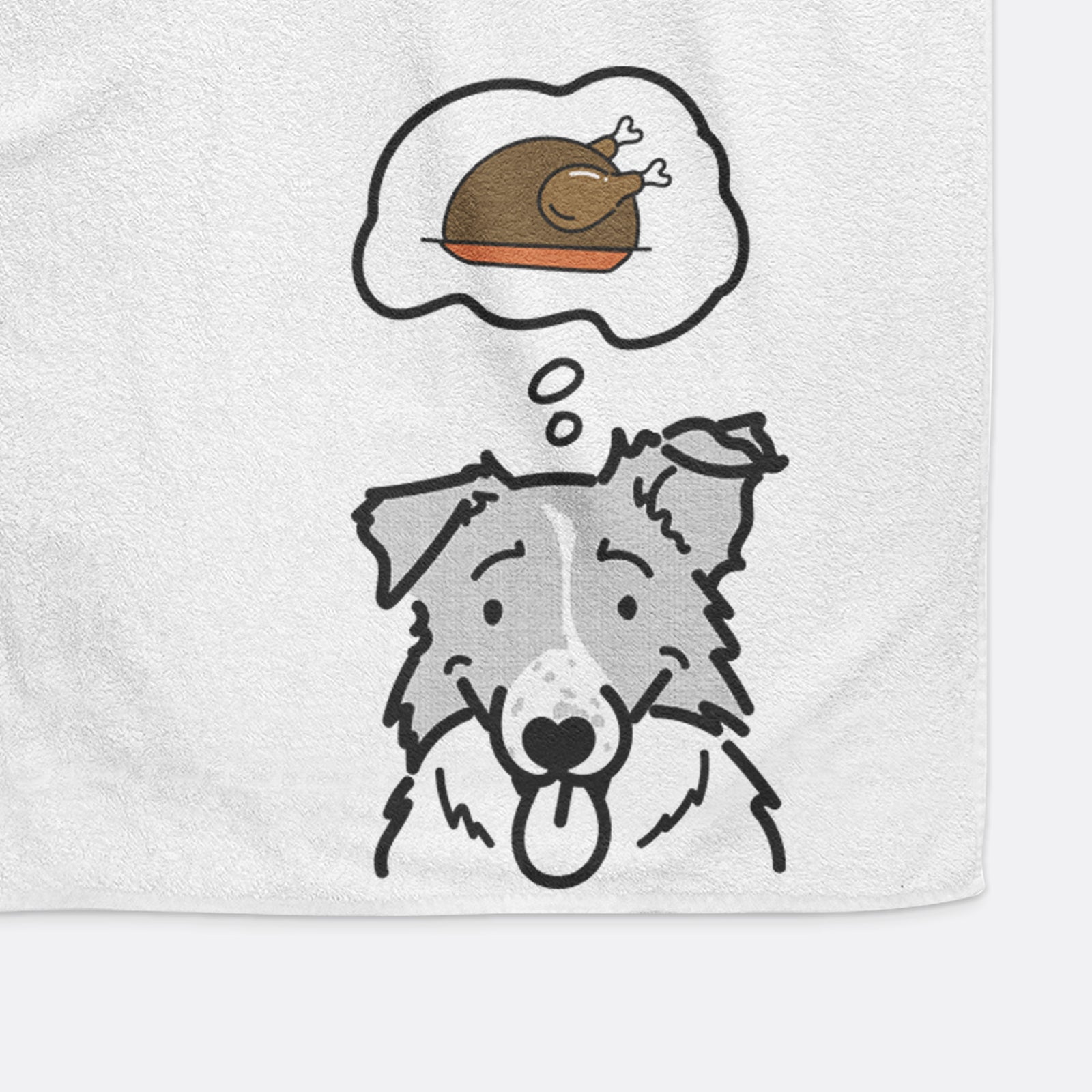 Minimalist line drawing of Jam the Border Collie with a little turkey on a decorative hand towel
