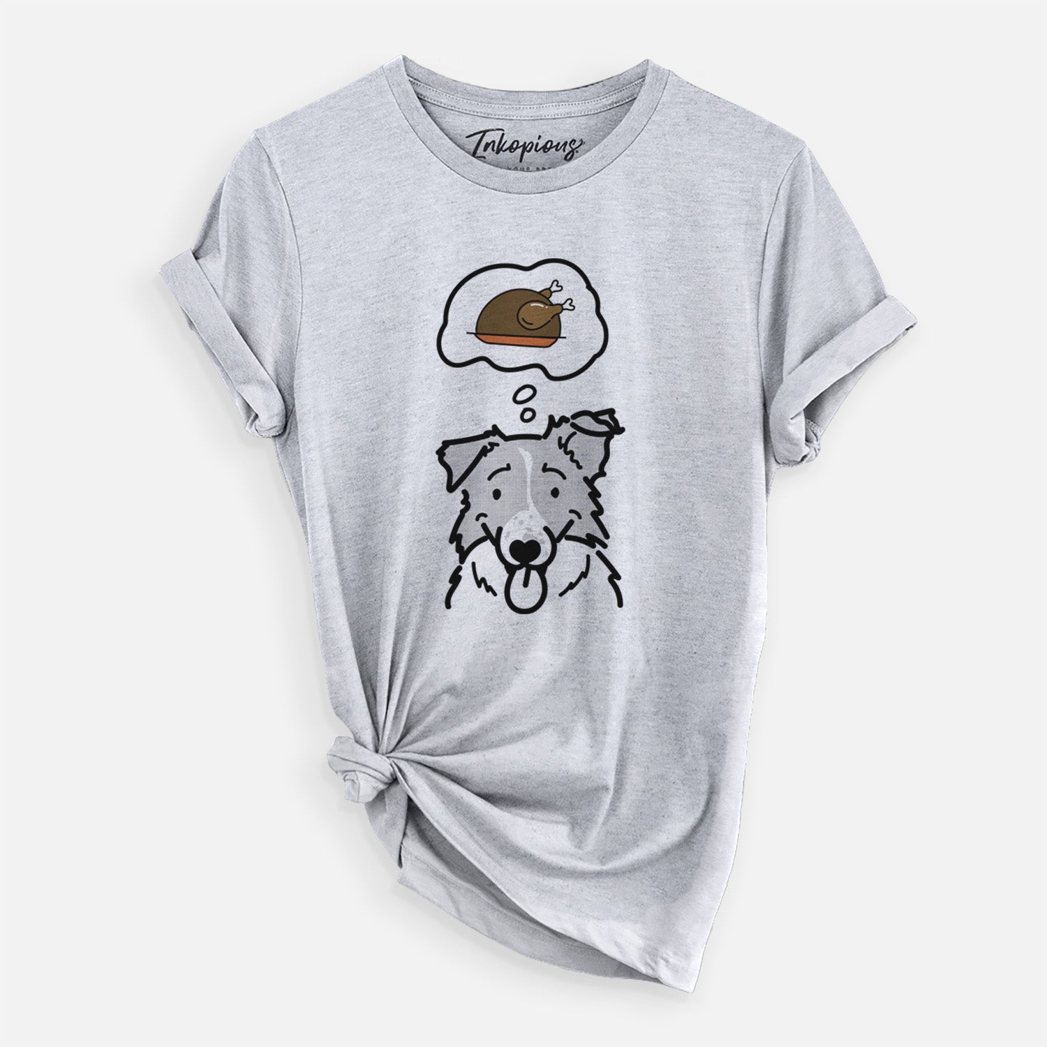 Minimalist line drawing of Jam the Border Collie with a little turkey on a Grey Unisex crewneck