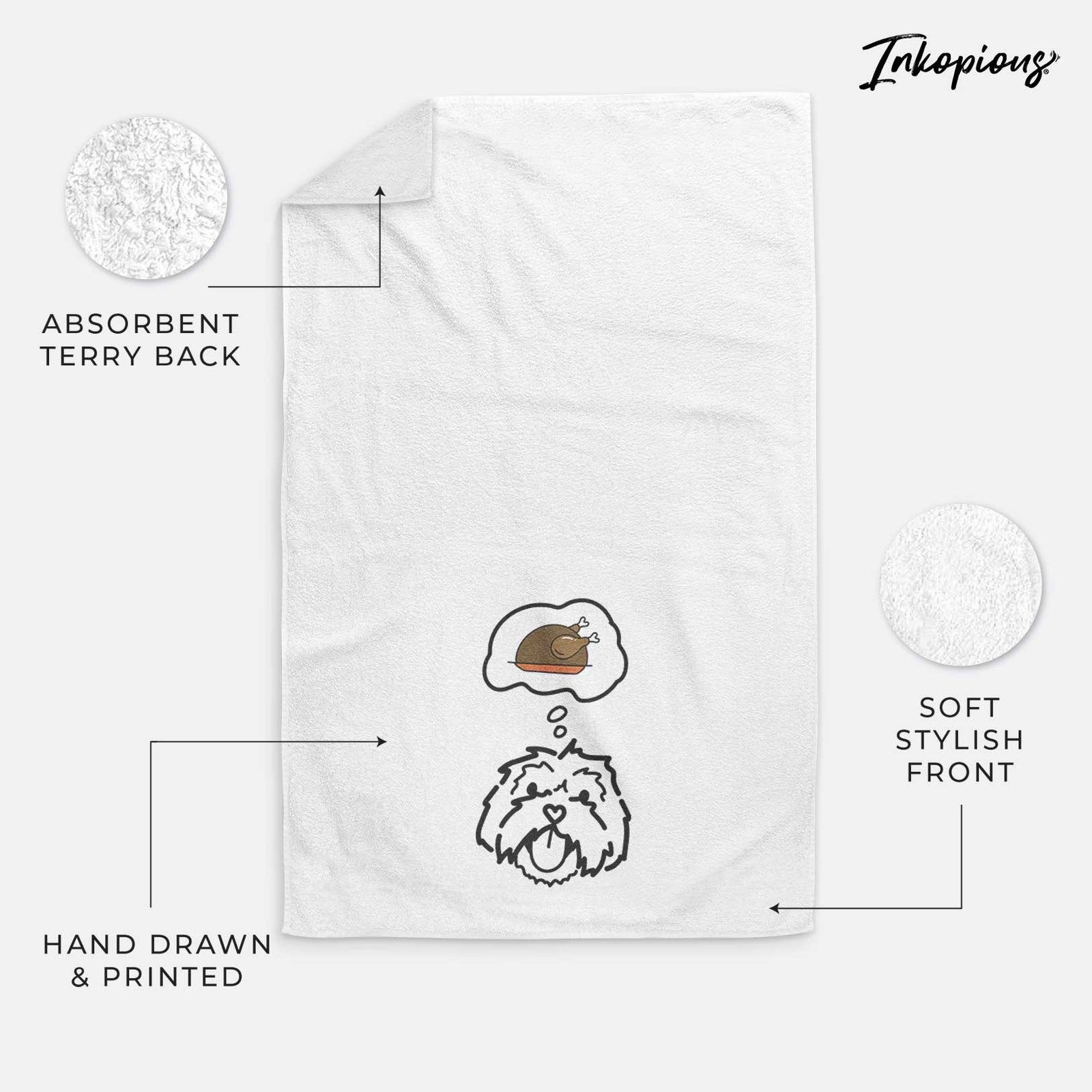 Minimalist line drawing of Keia the Lhasa Apso with a little turkey on a decorative hand towel