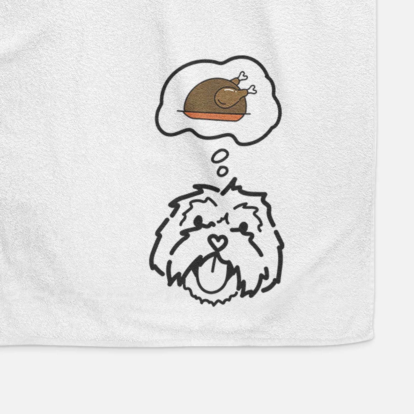 Minimalist line drawing of Keia the Lhasa Apso with a little turkey on a decorative hand towel