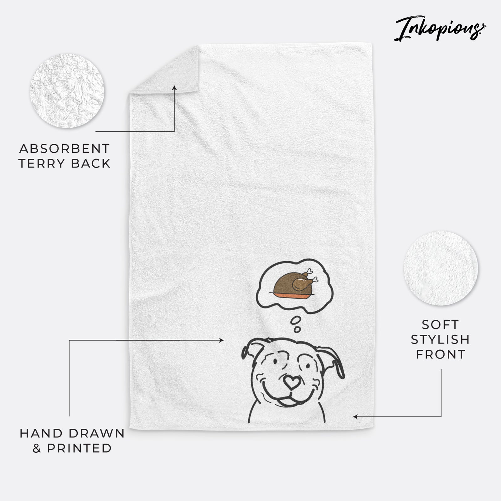 Minimalist line drawing of Lady the American Pitbull Terrier with a little turkey on a decorative hand towel