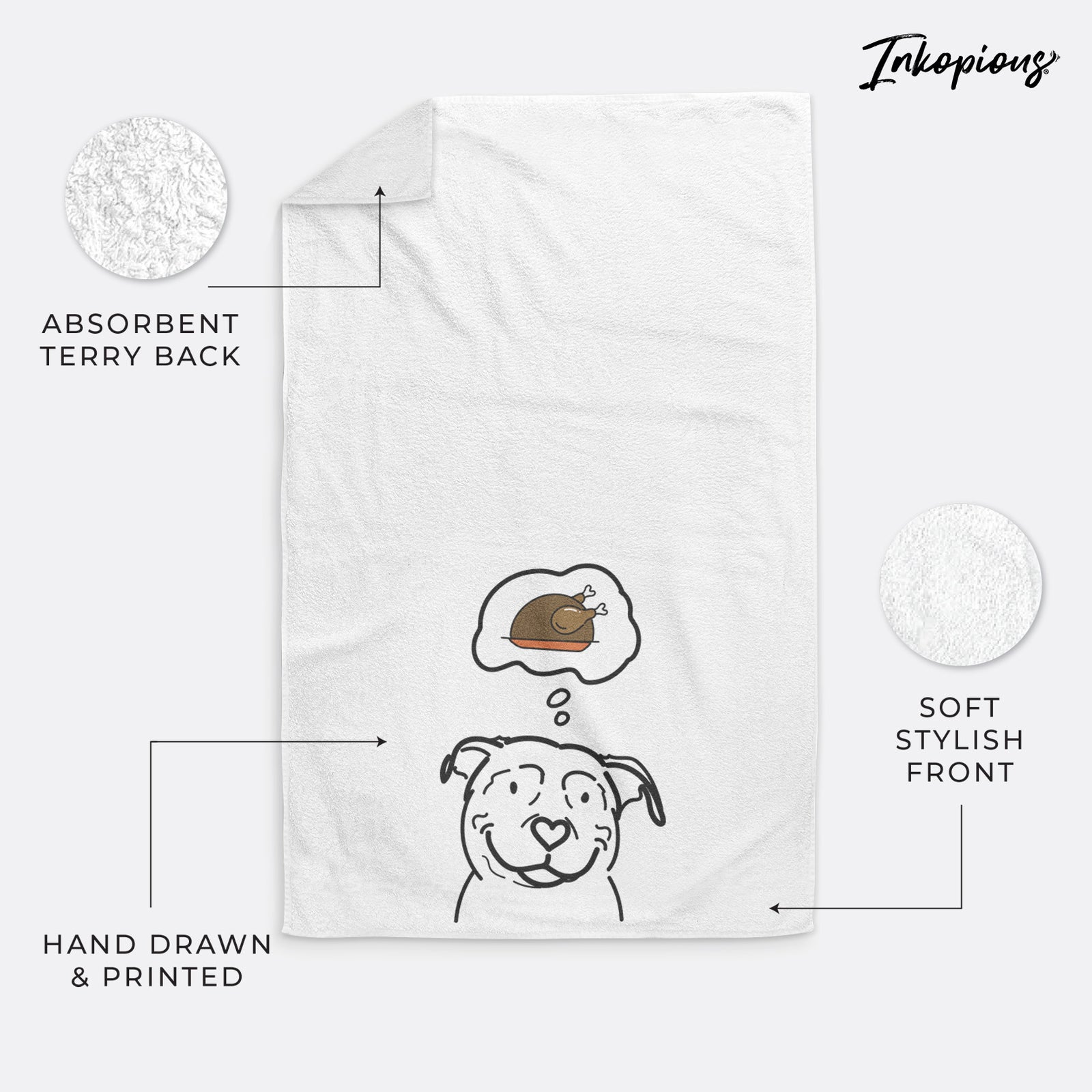 Minimalist line drawing of Lady the American Pitbull Terrier with a little turkey on a decorative hand towel
