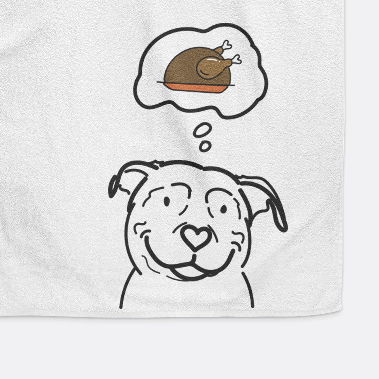 Minimalist line drawing of Lady the American Pitbull Terrier with a little turkey on a decorative hand towel