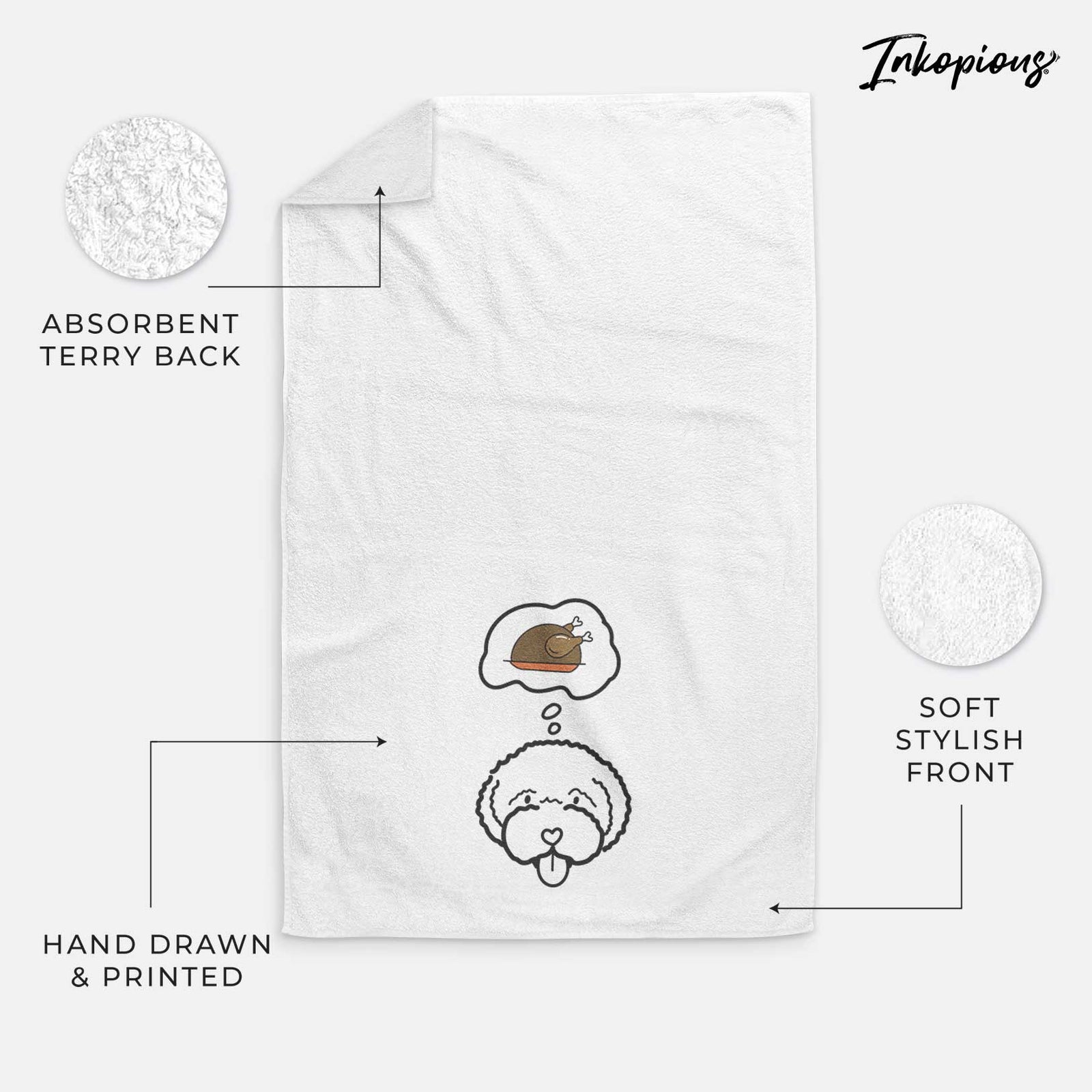 Minimalist line drawing of a Lagotta Romagnolo with a little turkey on a decorative hand towel