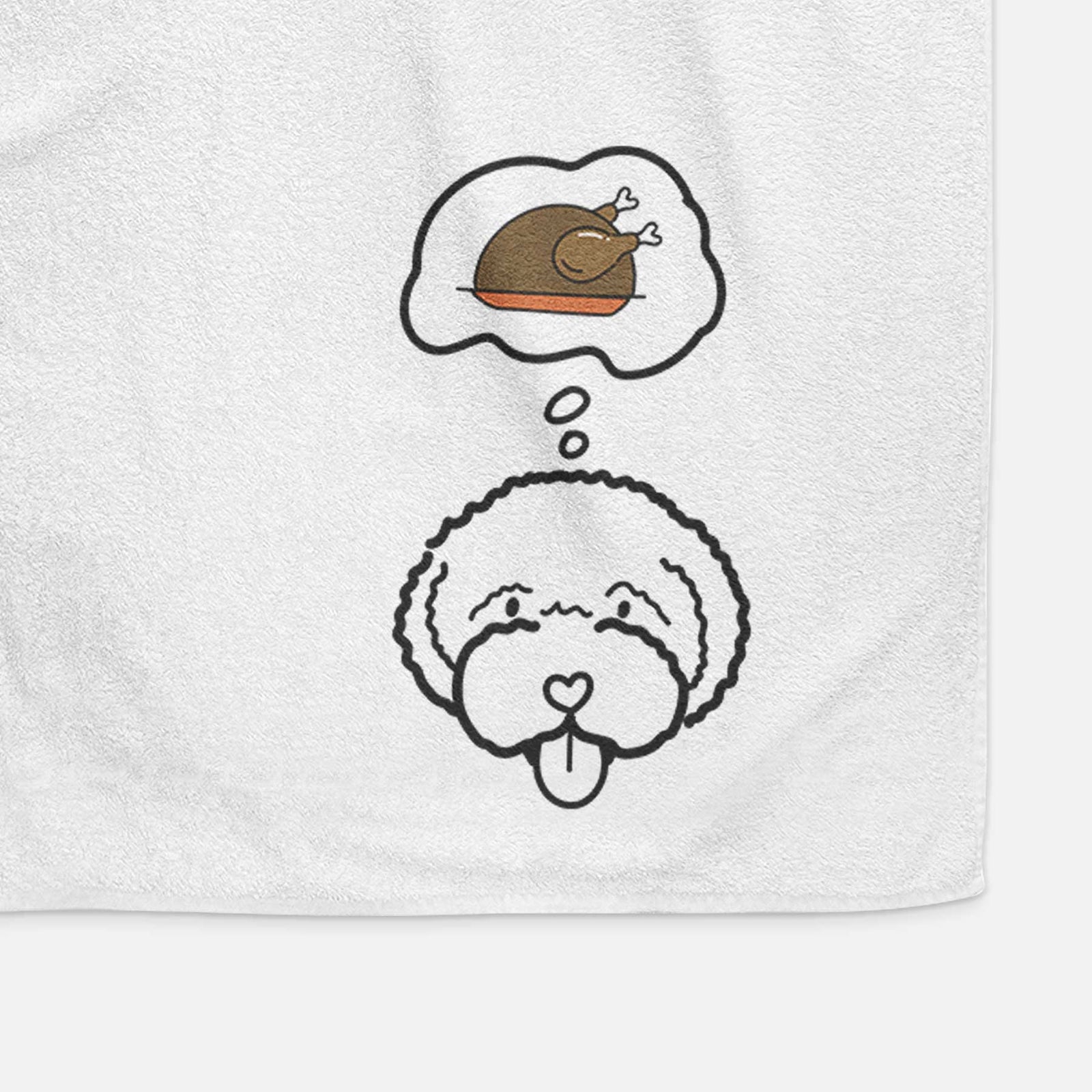 Minimalist line drawing of a Lagotta Romagnolo with a little turkey on a decorative hand towel