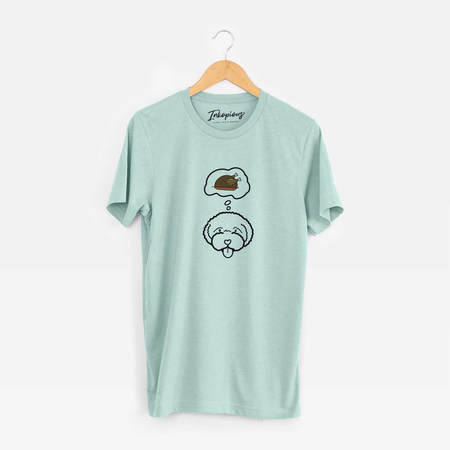 Minimalist line drawing of a Lagotta Romagnolo with a little turkey on a Heather Sage Unisex crewneck