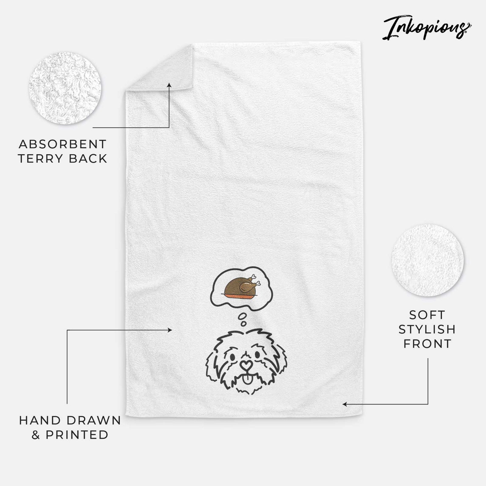 Minimalist line drawing of Leo the Shih Tzu with a little turkey on a decorative hand towel