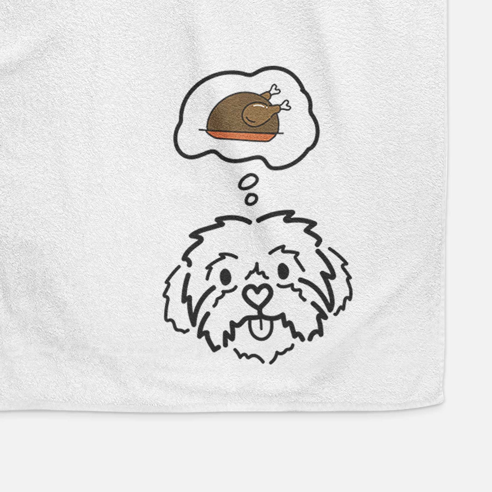 Minimalist line drawing of Leo the Shih Tzu with a little turkey on a decorative hand towel