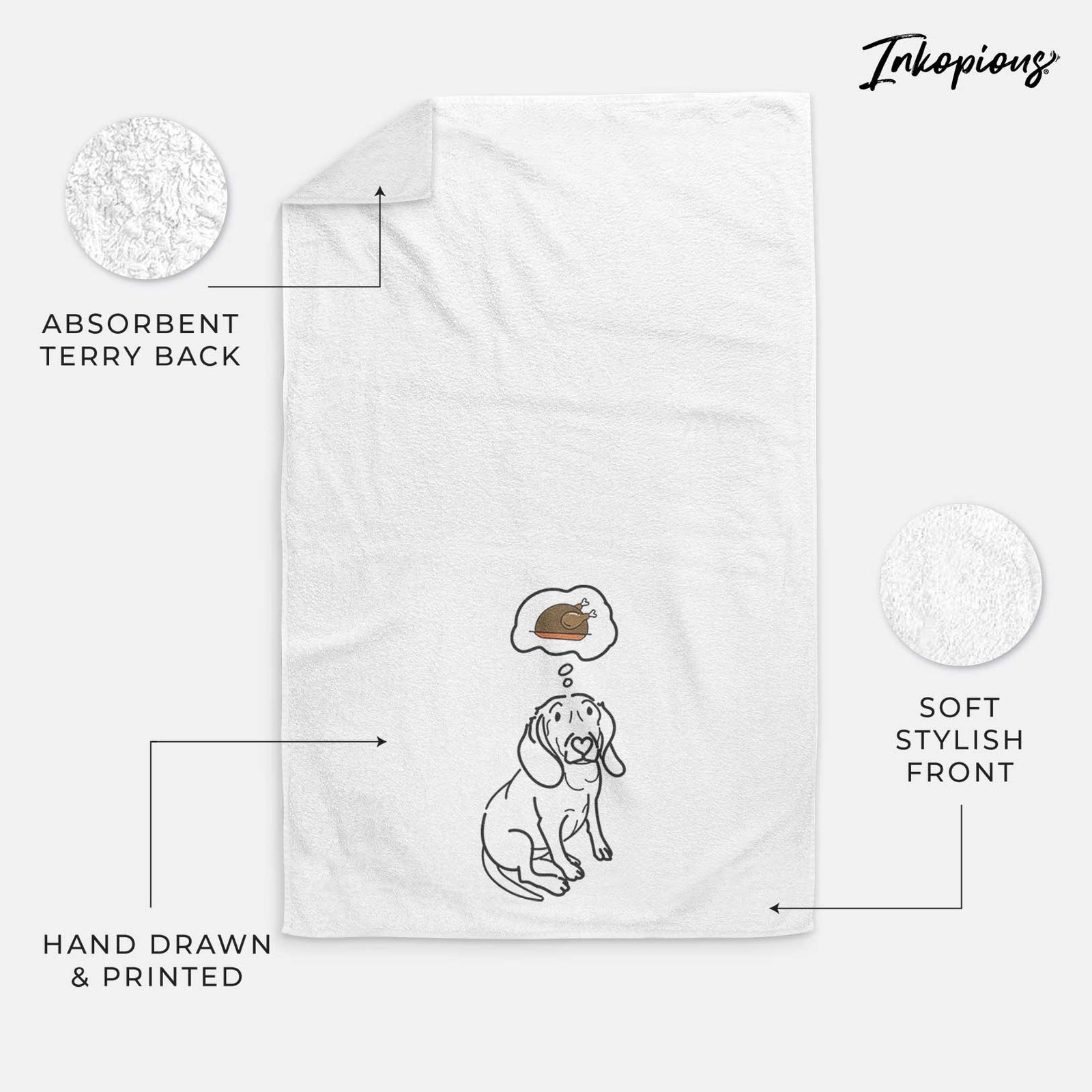 Minimalist line drawing of Lilly the Beagle with a little turkey on a decorative hand towel