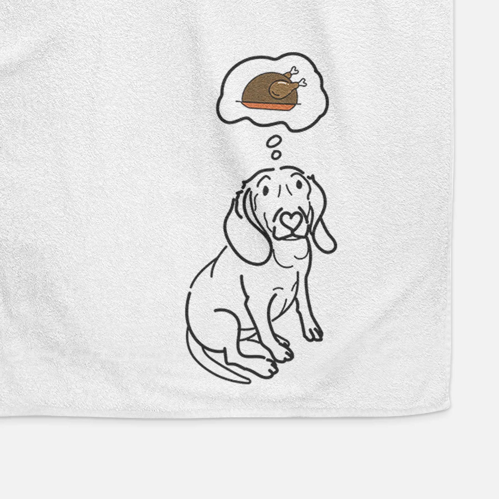 Minimalist line drawing of Lilly the Beagle with a little turkey on a decorative hand towel
