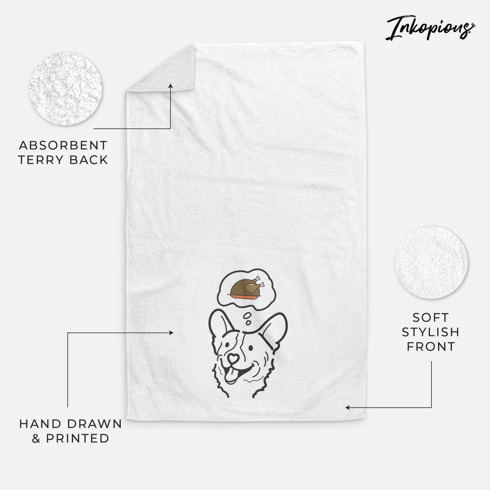 Minimalist line drawing of Lily the Corgi with a little turkey on a decorative hand towel