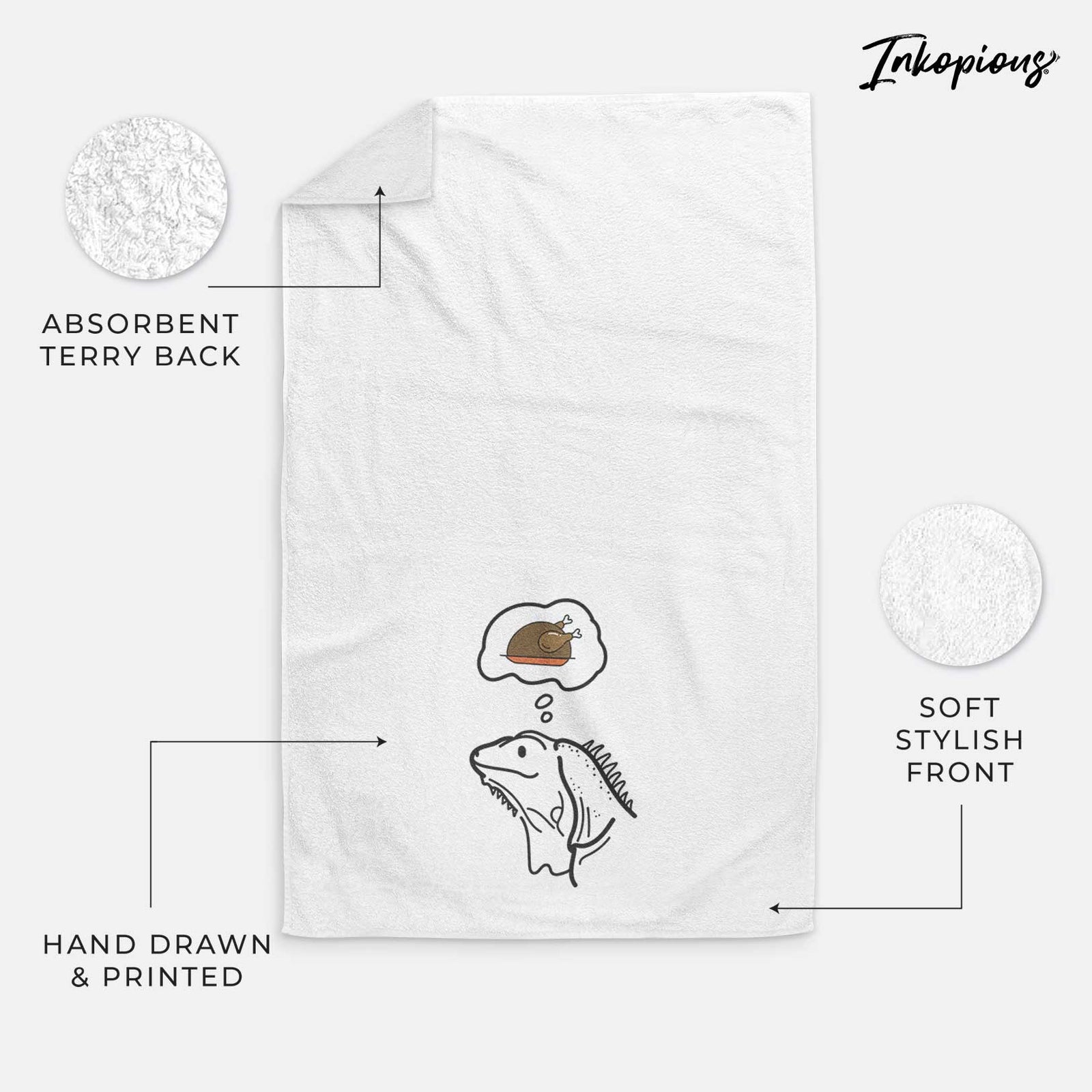 Minimalist line drawing of Louie the Iguana with a little turkey on a decorative hand towel