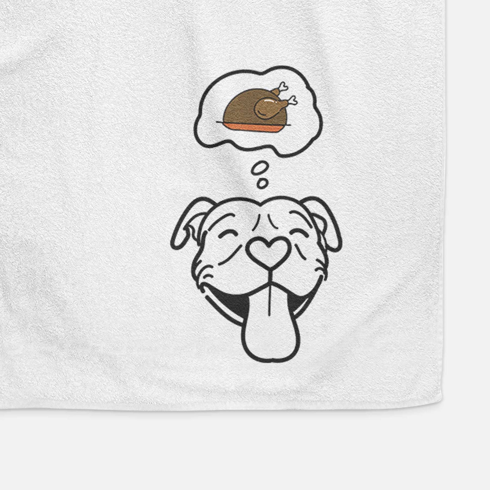 Minimalist line drawing of Louie the Pitbull with a little turkey on a decorative hand towel