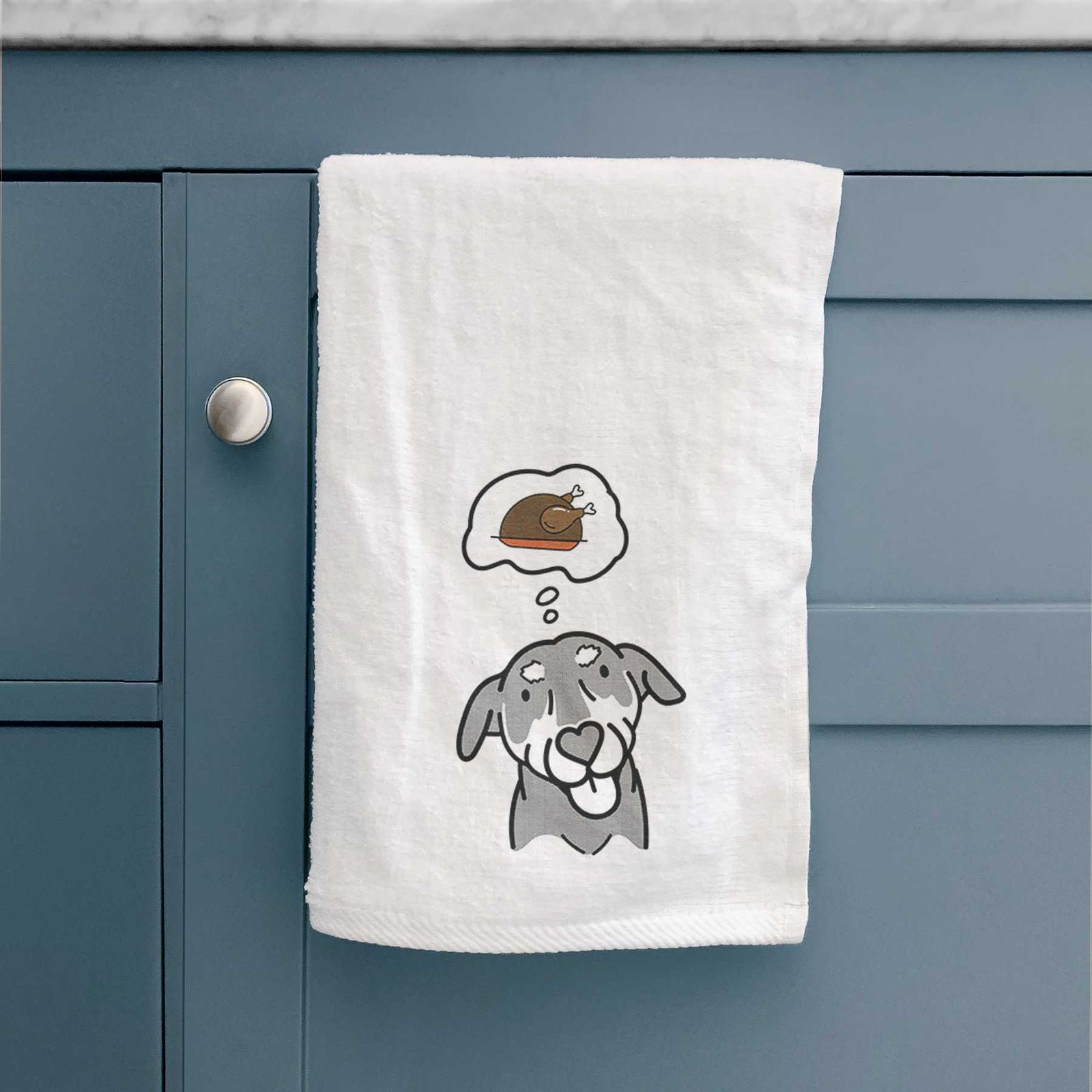Minimalist line drawing of Lousia the Mixed Breed with a little turkey on a decorative hand towel