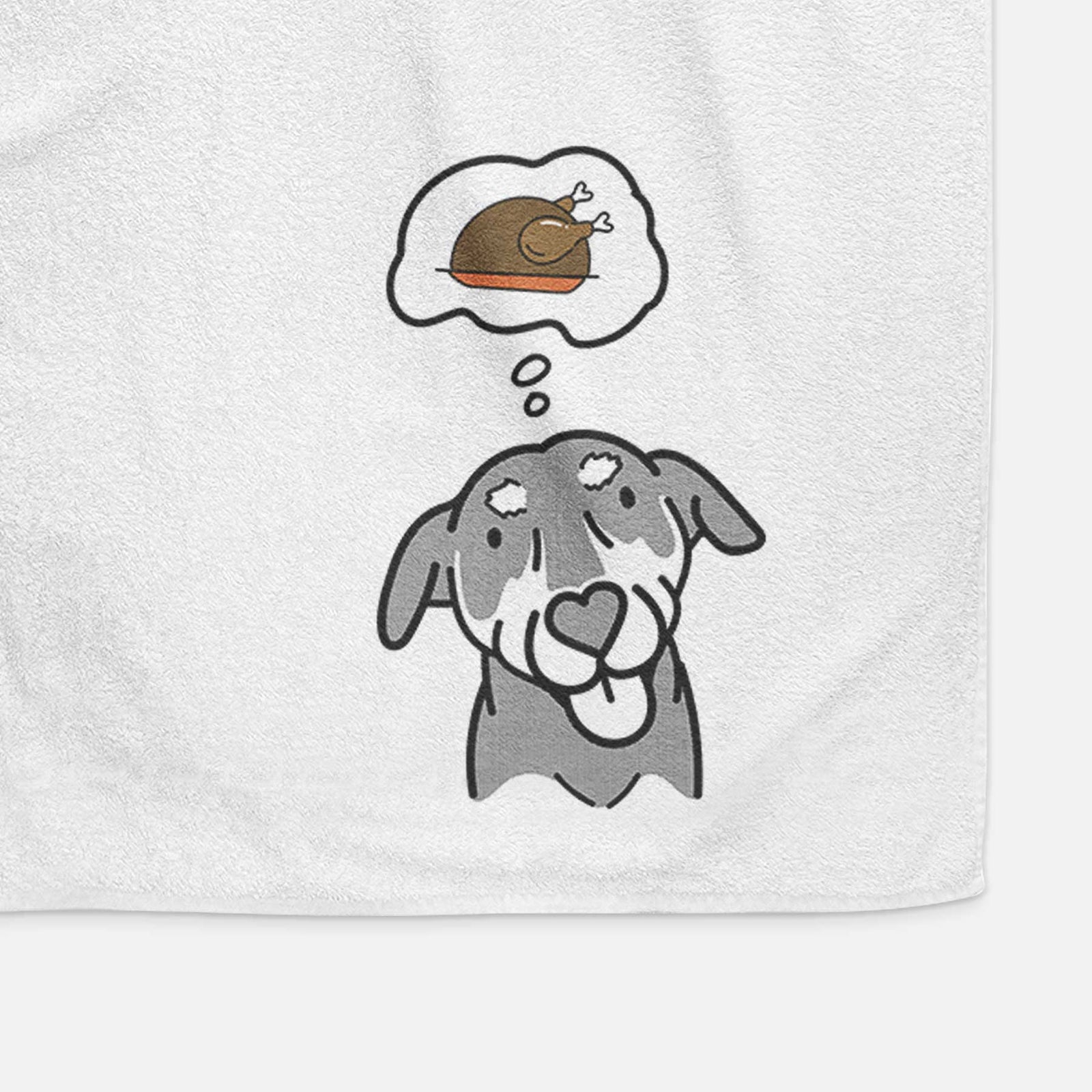 Minimalist line drawing of Lousia the Mixed Breed with a little turkey on a decorative hand towel
