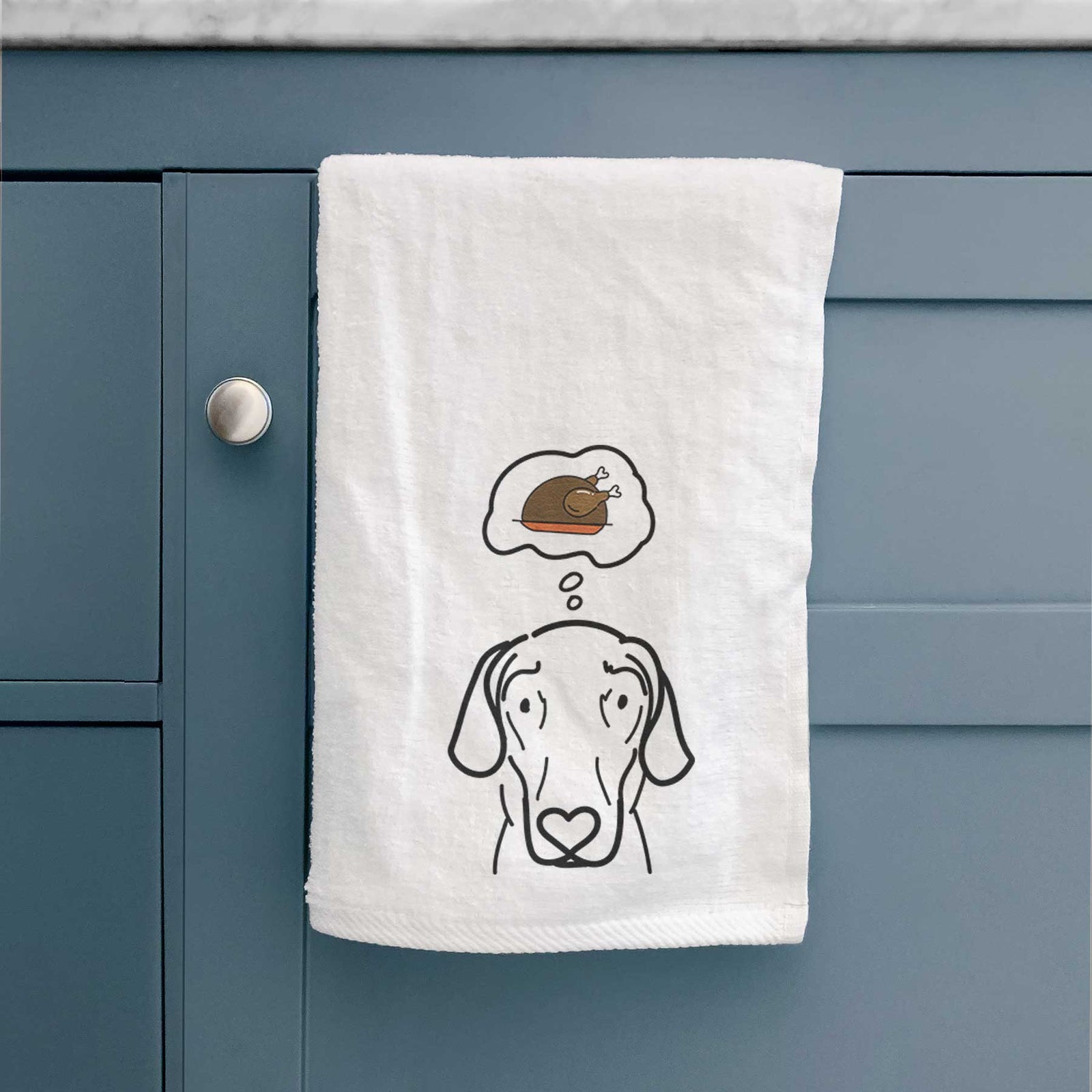 Minimalist line drawing of Lucy the Great Dane with a little turkey on a decorative hand towel