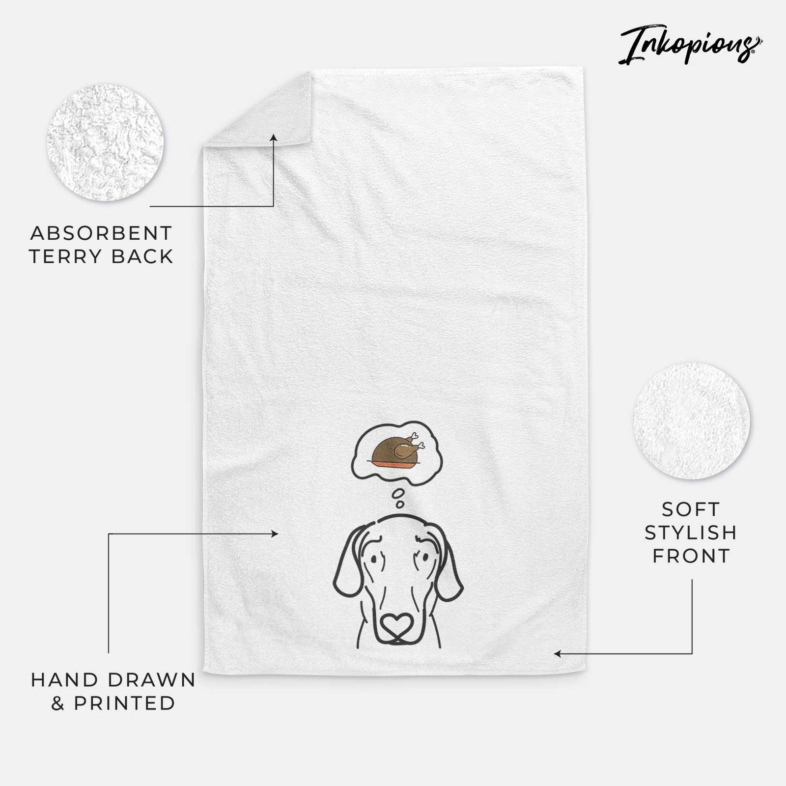 Minimalist line drawing of Lucy the Great Dane with a little turkey on a decorative hand towel