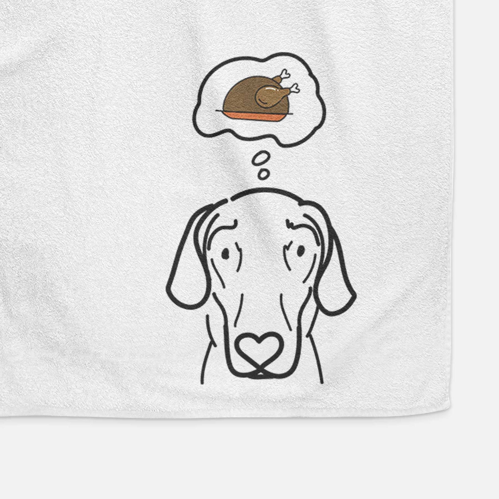 Minimalist line drawing of Lucy the Great Dane with a little turkey on a decorative hand towel