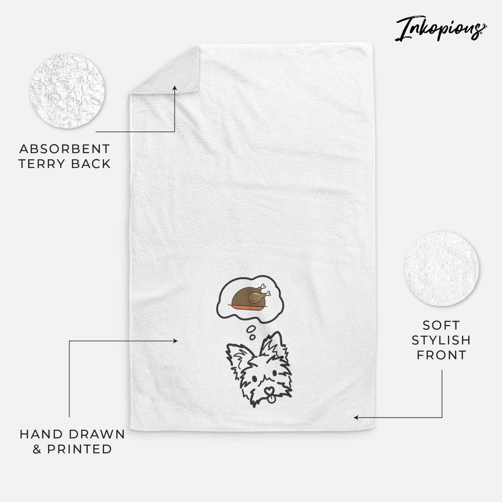 Minimalist line drawing of Luna the Yorkshire Terrier with a little turkey on a decorative hand towel