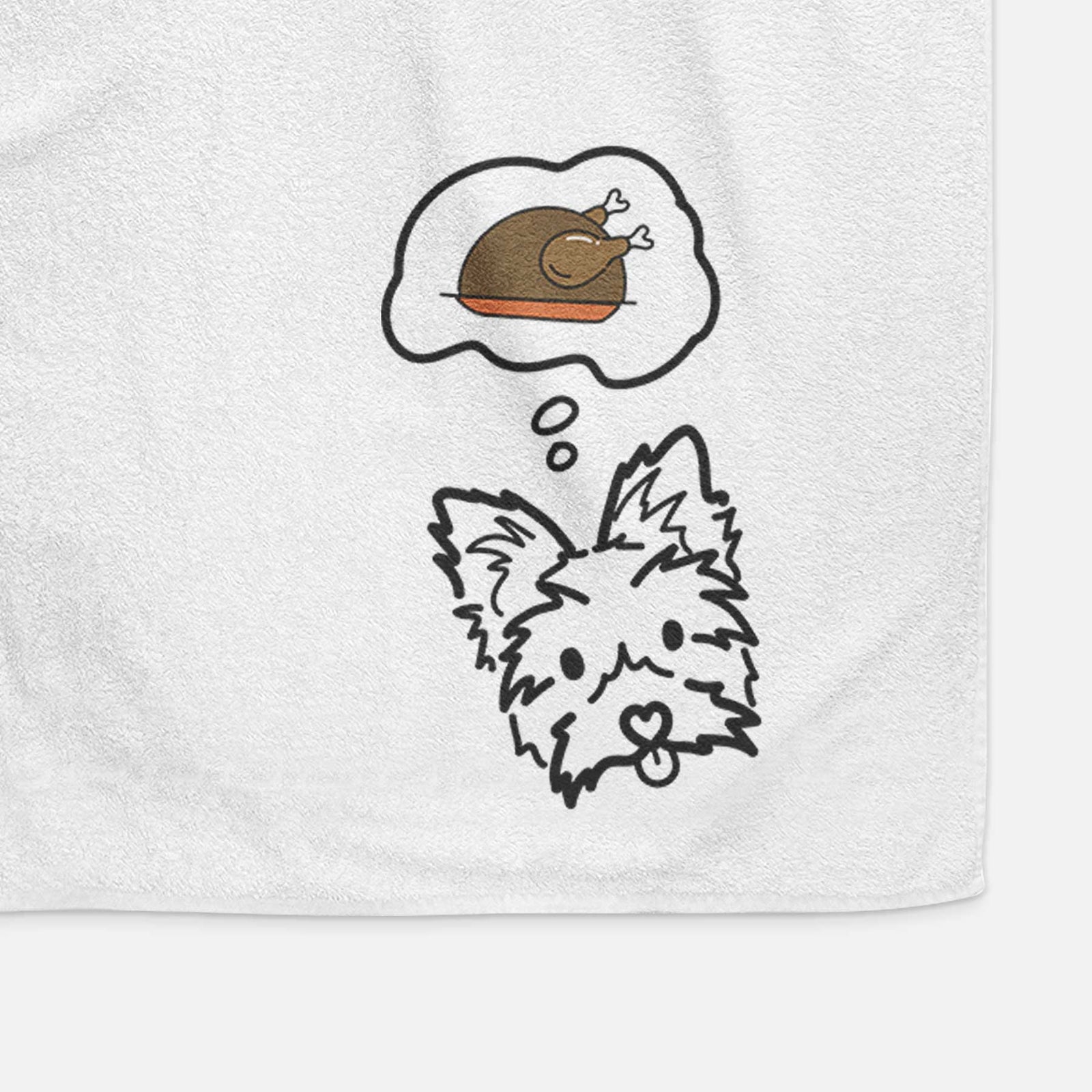 Minimalist line drawing of Luna the Yorkshire Terrier with a little turkey on a decorative hand towel