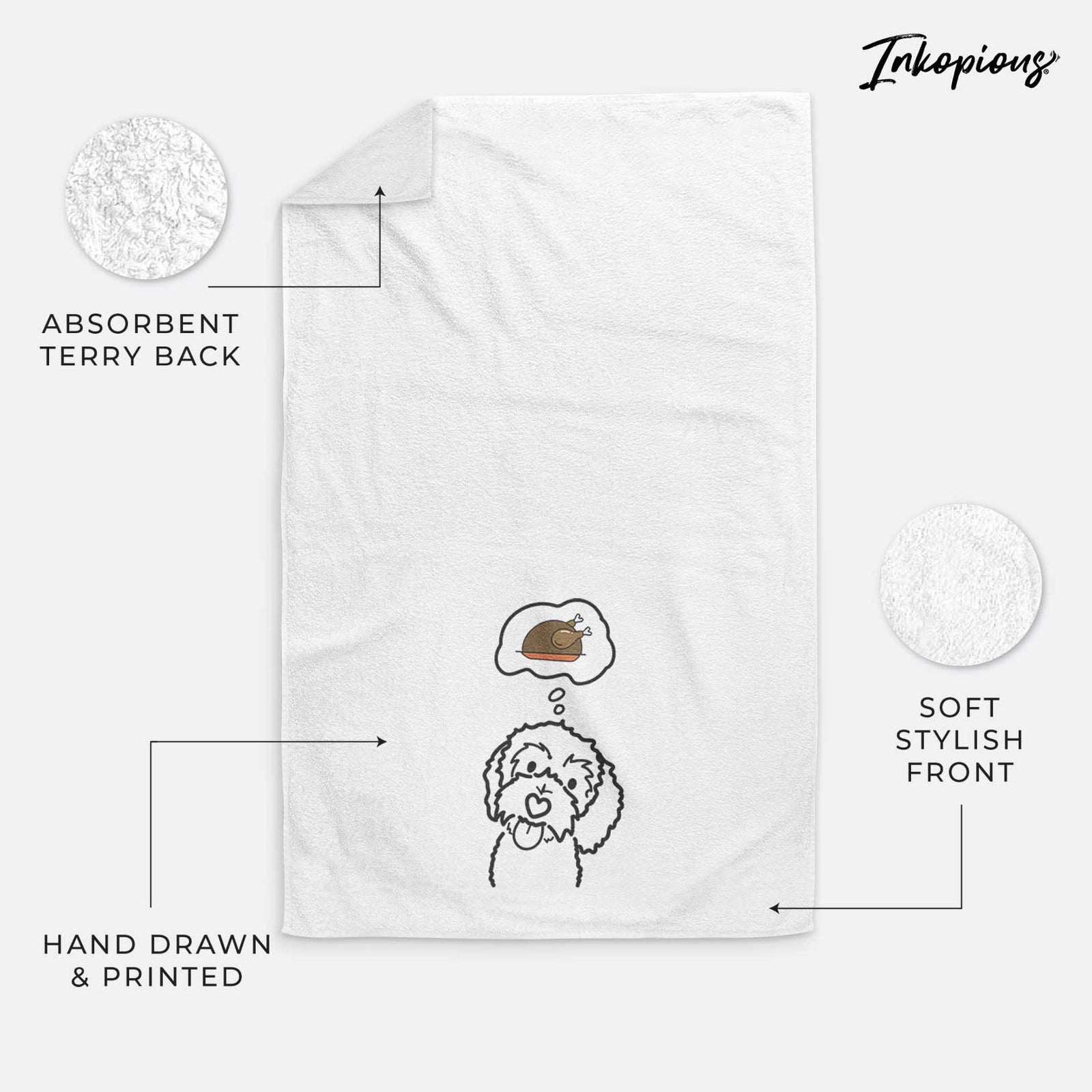 Minimalist line drawing of Mabel the Bernedoodle with a little turkey on a decorative hand towel