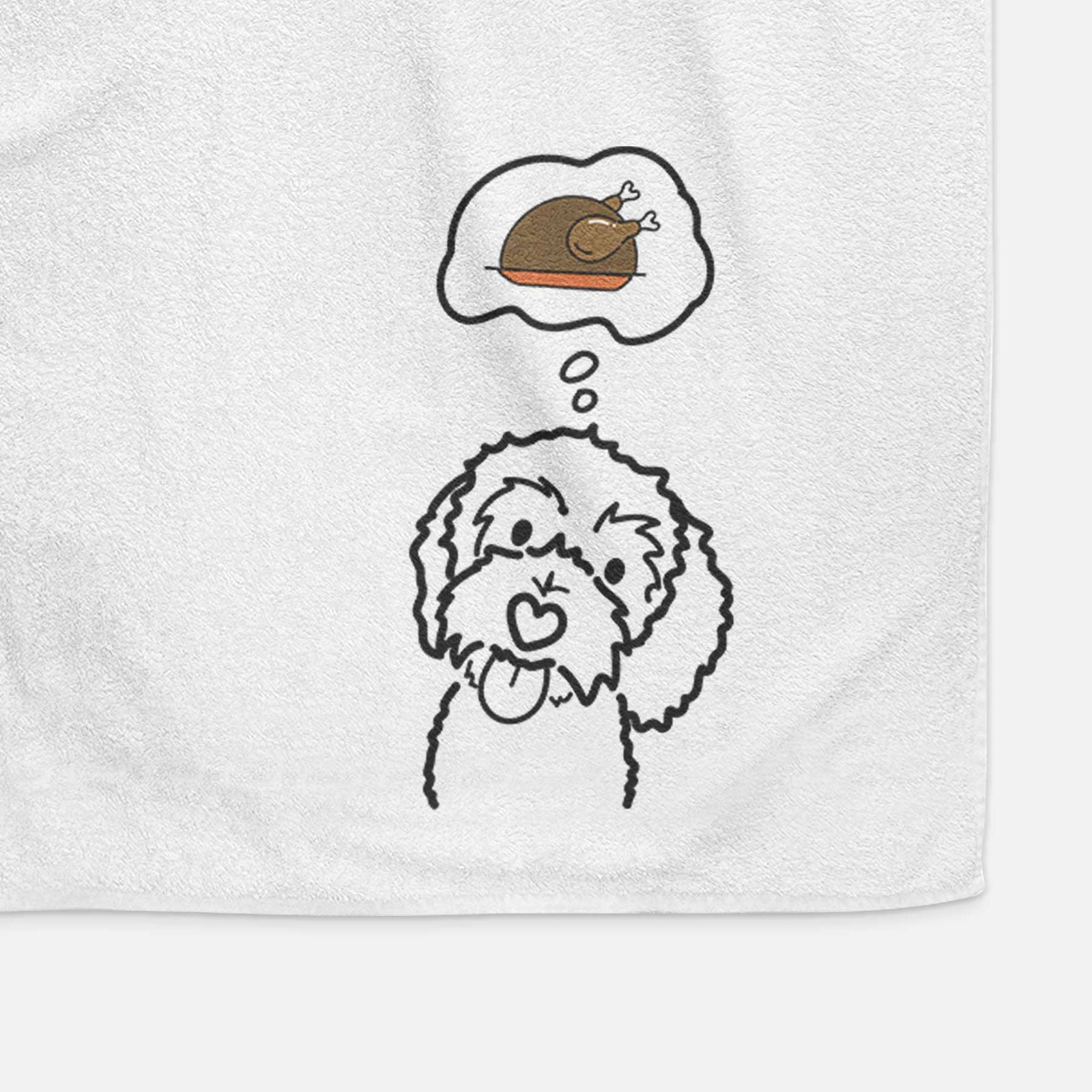Minimalist line drawing of Mabel the Bernedoodle with a little turkey on a decorative hand towel