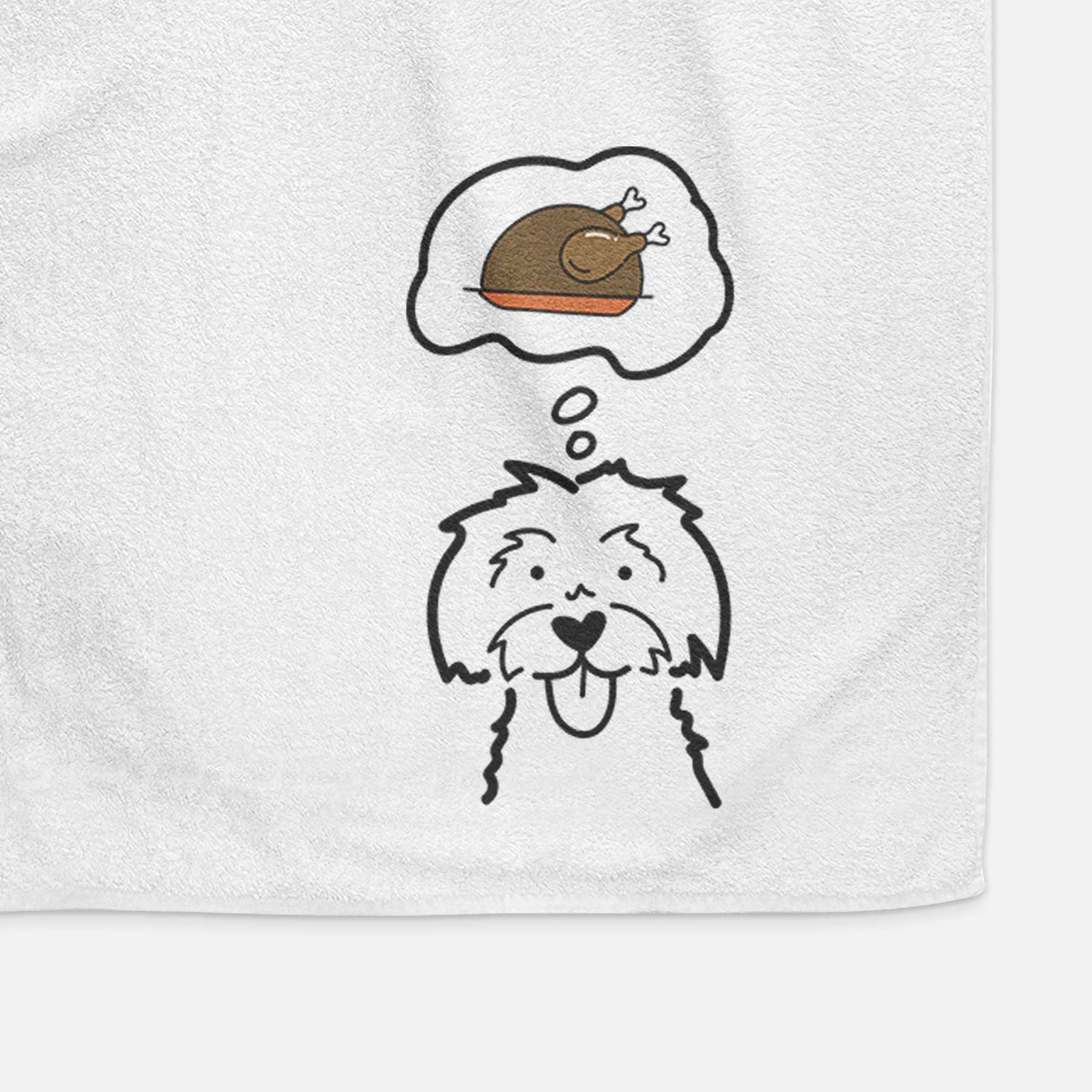Minimalist line drawing of a Maltese with a little turkey on a decorative hand towel