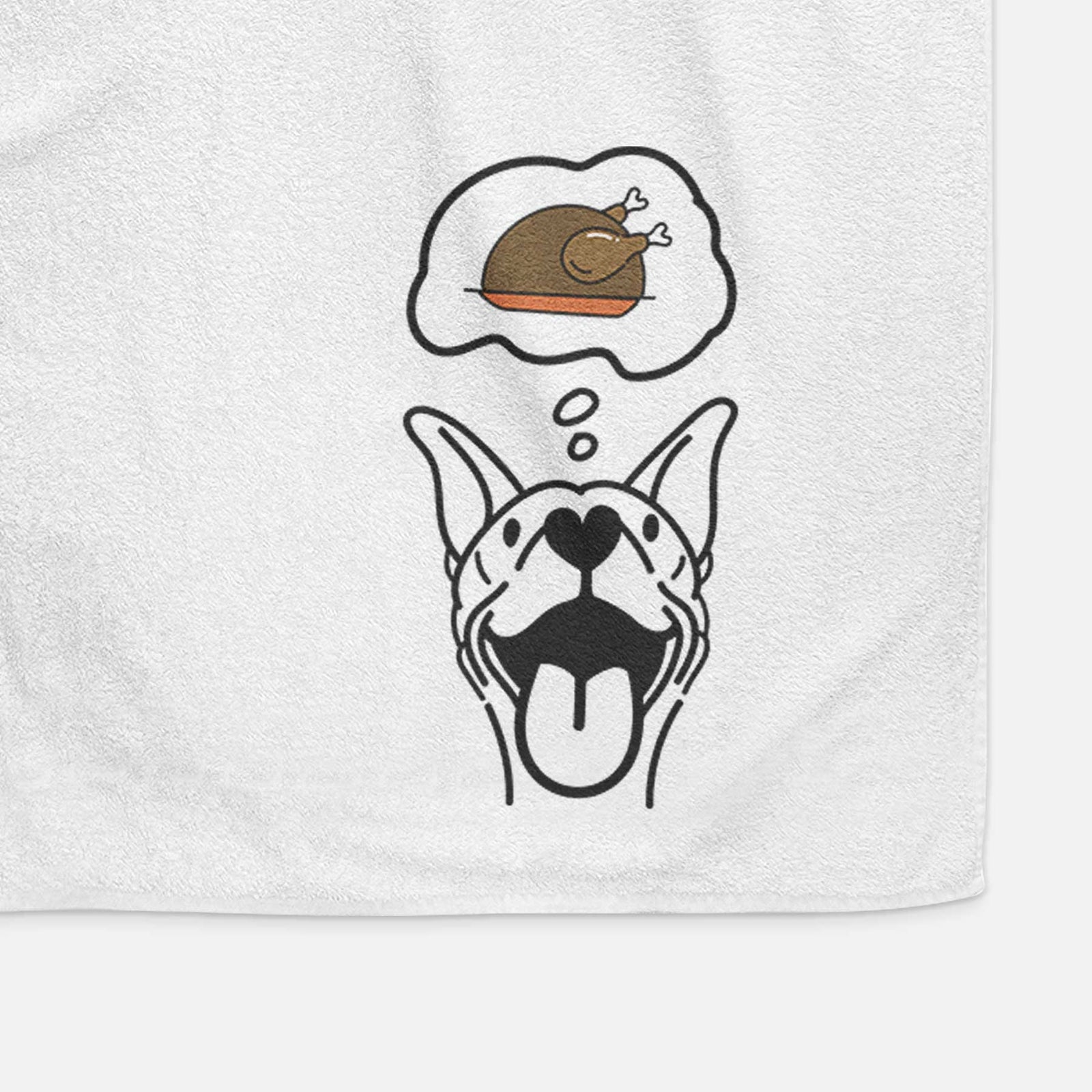 Minimalist line drawing of Merlin the Basenji with a little turkey on a decorative hand towel