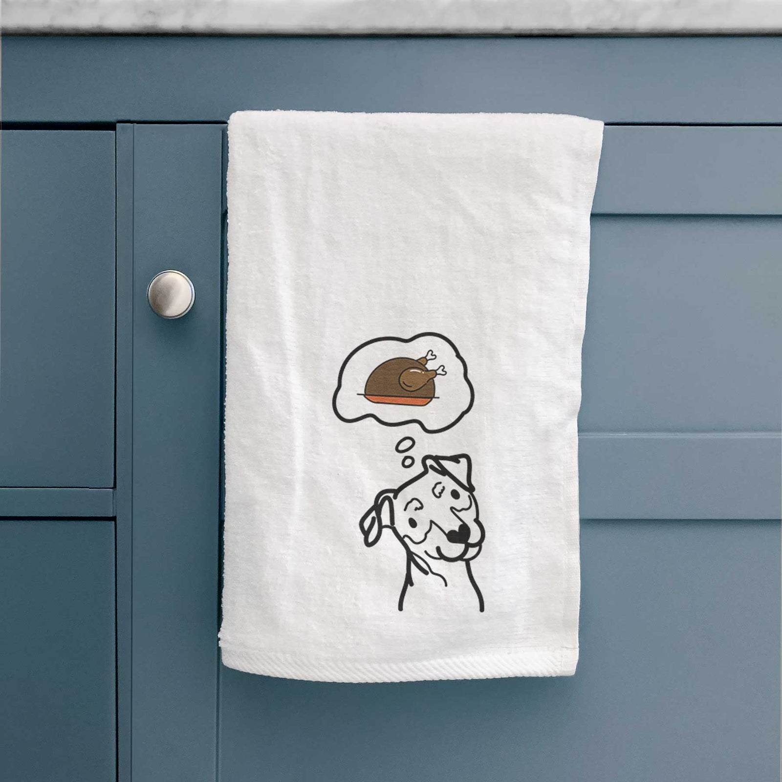 Minimalist line drawing of a Mini Pinscher with a little turkey on a decorative hand towel