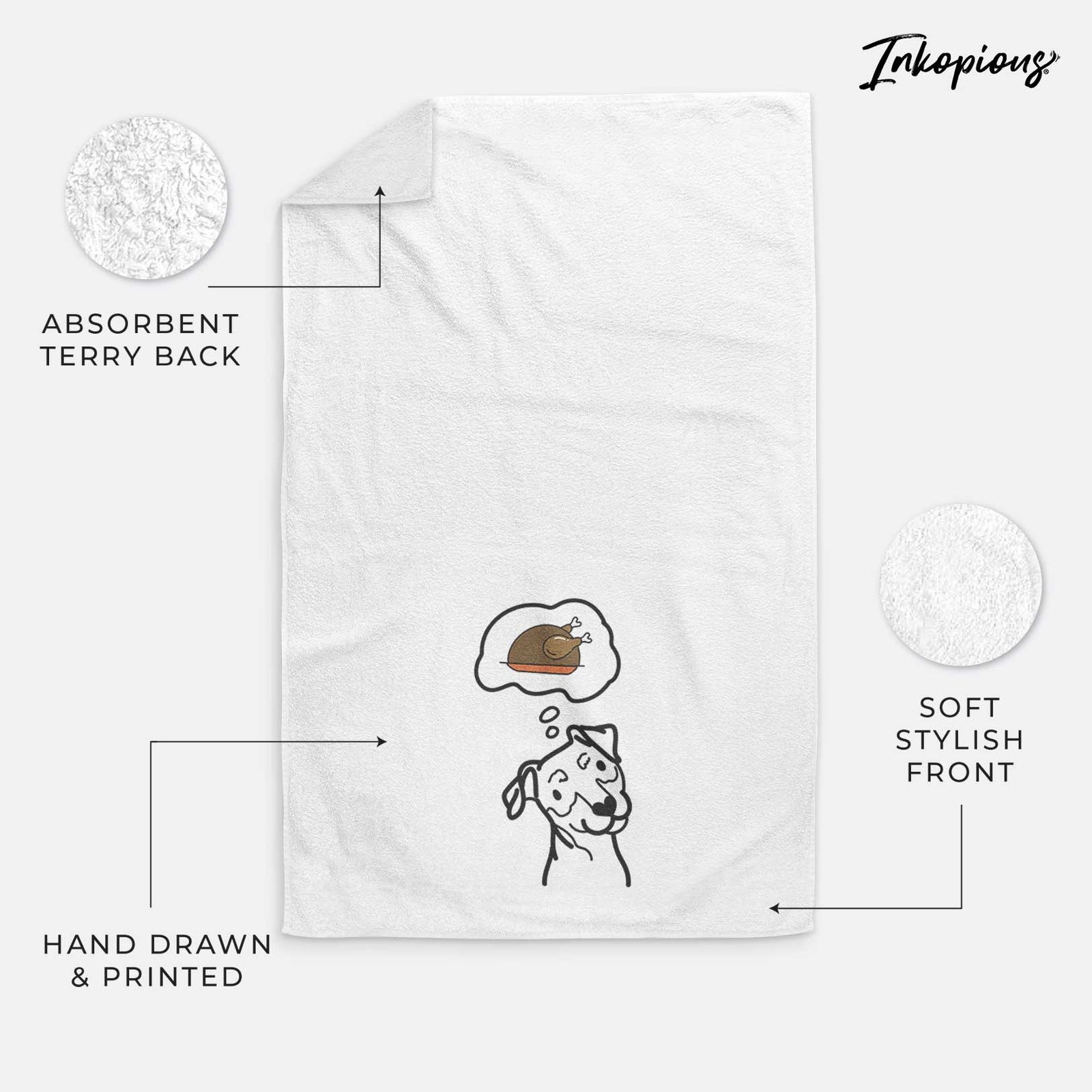 Minimalist line drawing of a Mini Pinscher with a little turkey on a decorative hand towel