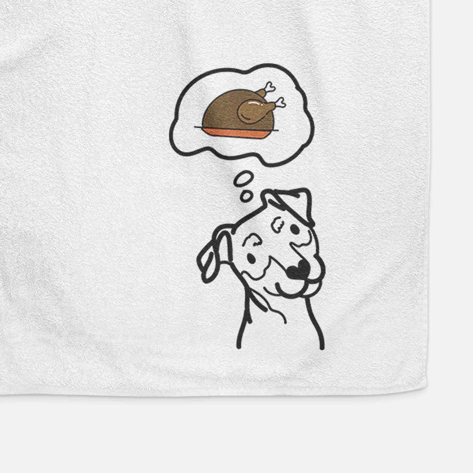 Minimalist line drawing of a Mini Pinscher with a little turkey on a decorative hand towel